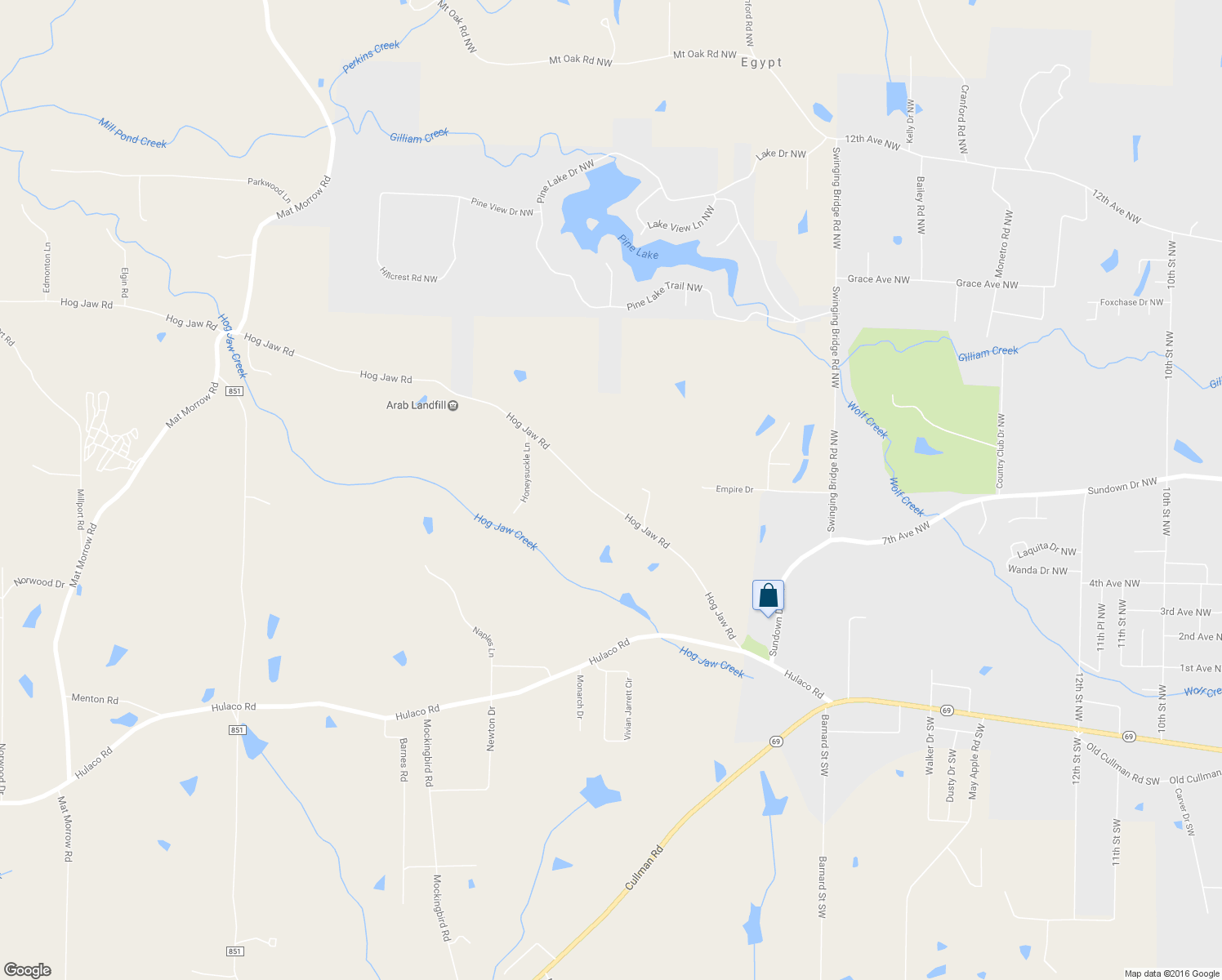 map of restaurants, bars, coffee shops, grocery stores, and more near 670 Hog Jaw Road in Arab