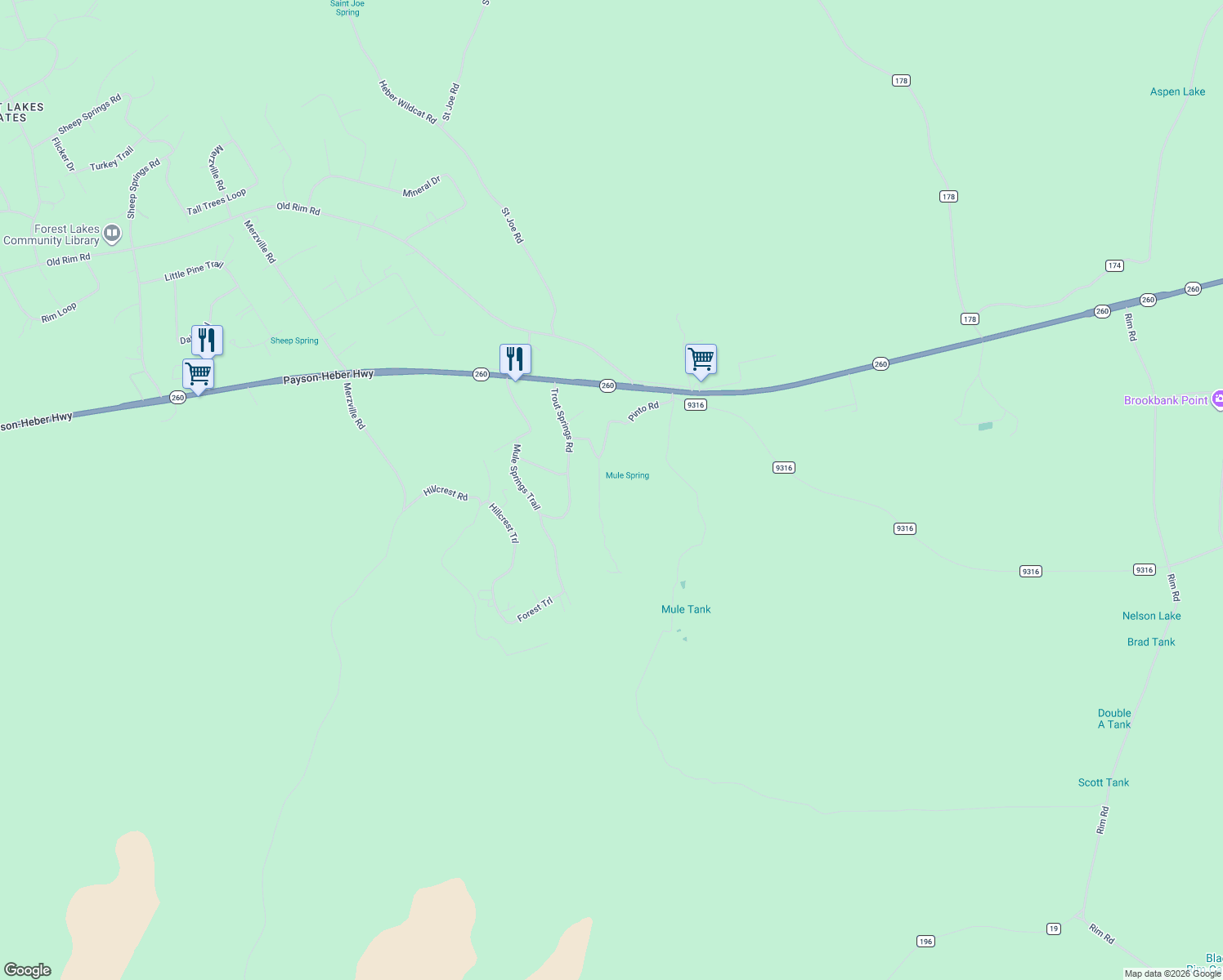 map of restaurants, bars, coffee shops, grocery stores, and more near 65 Pinto Road in Forest Lakes