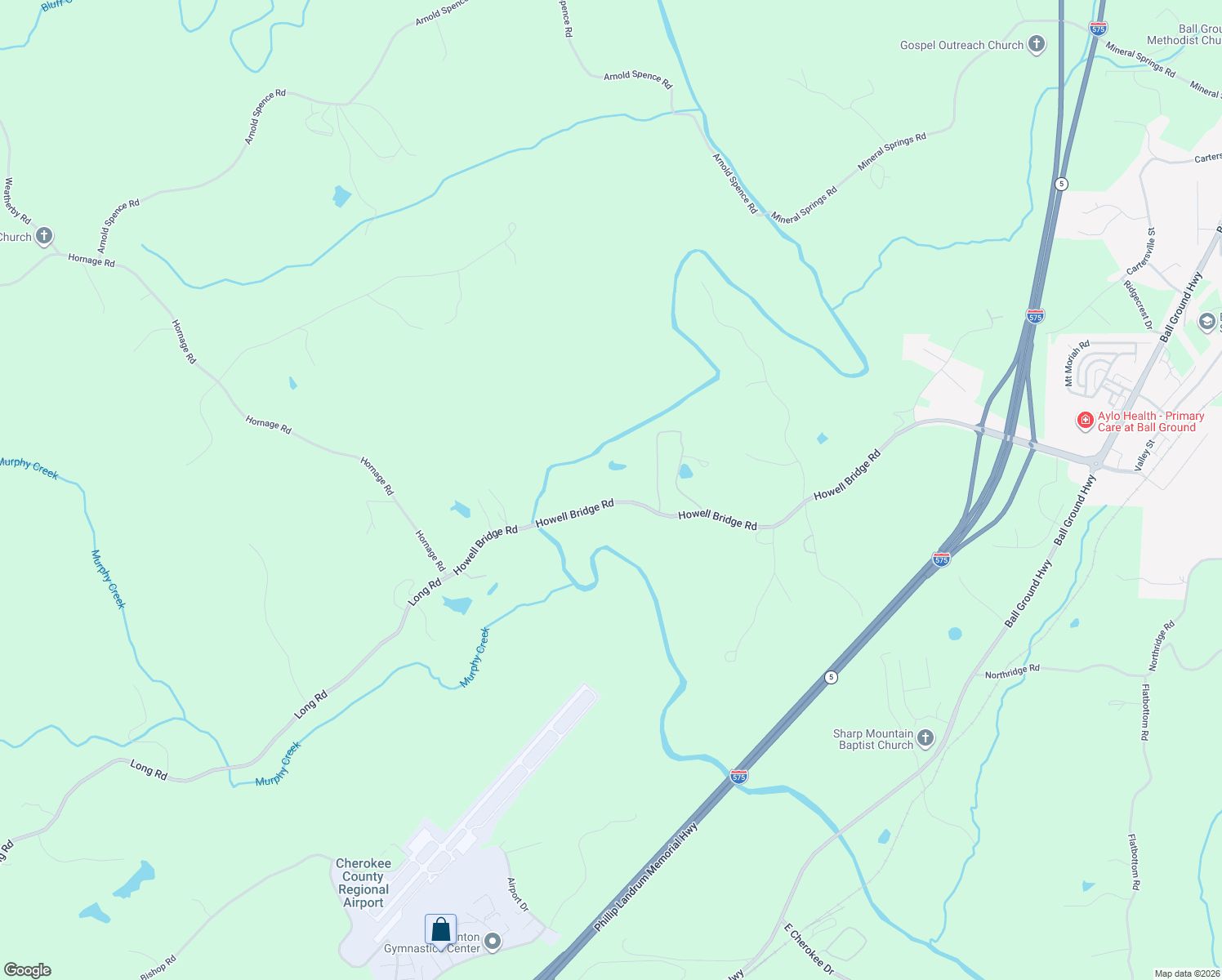 map of restaurants, bars, coffee shops, grocery stores, and more near 1600 Howell Bridge Road in Ball Ground