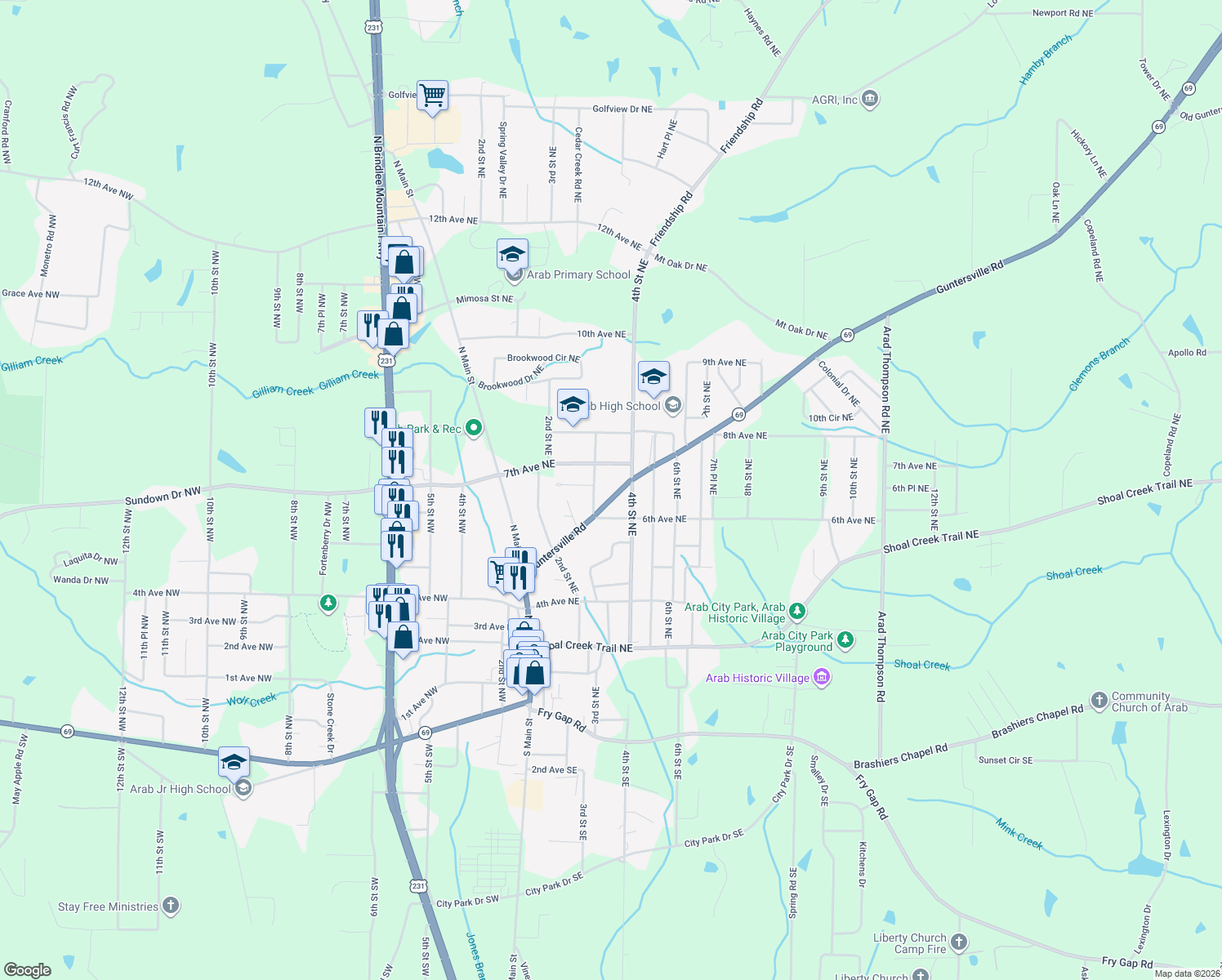 map of restaurants, bars, coffee shops, grocery stores, and more near 339 Guntersville Rd in Arab