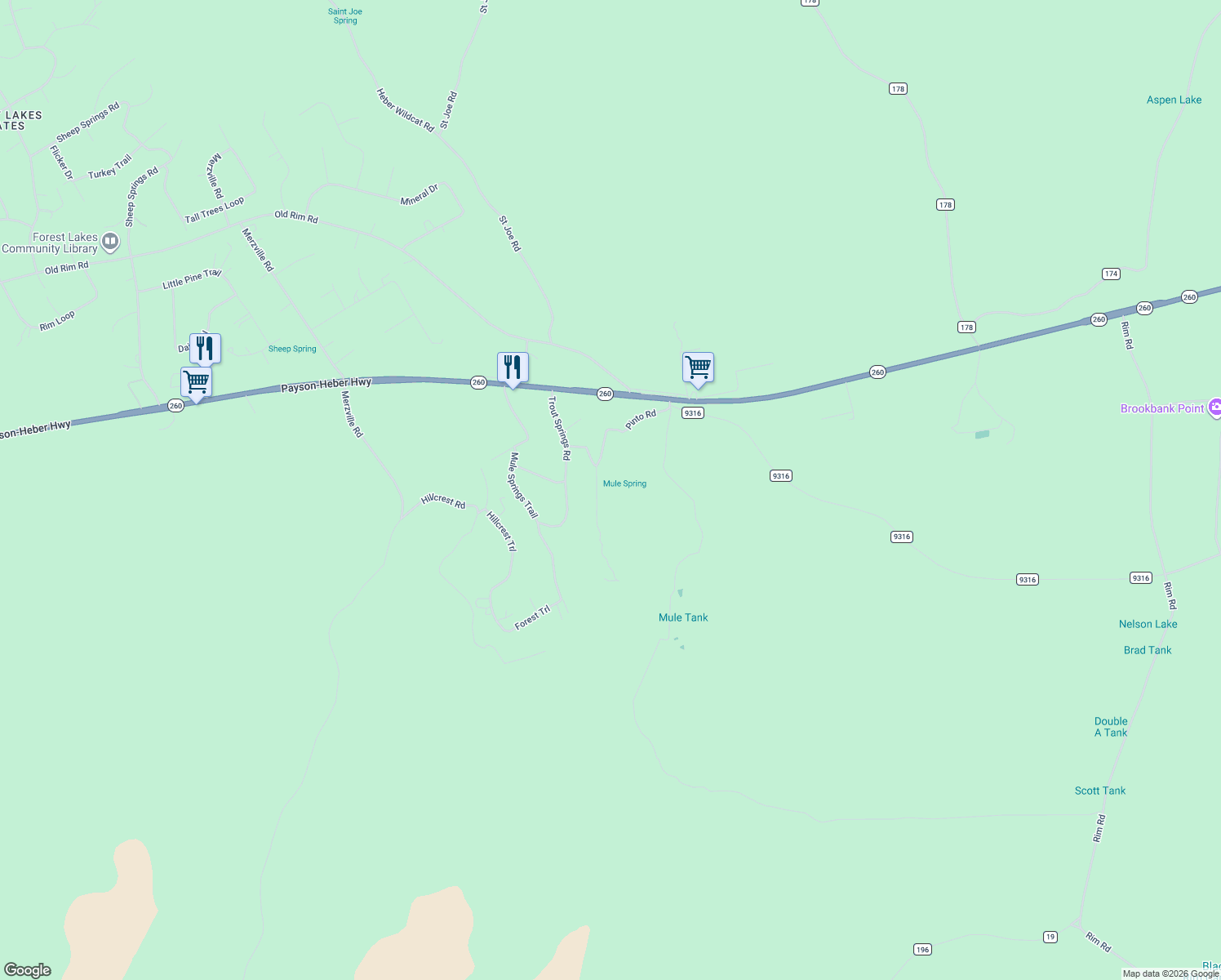 map of restaurants, bars, coffee shops, grocery stores, and more near 65 Pinto Road in Coconino County