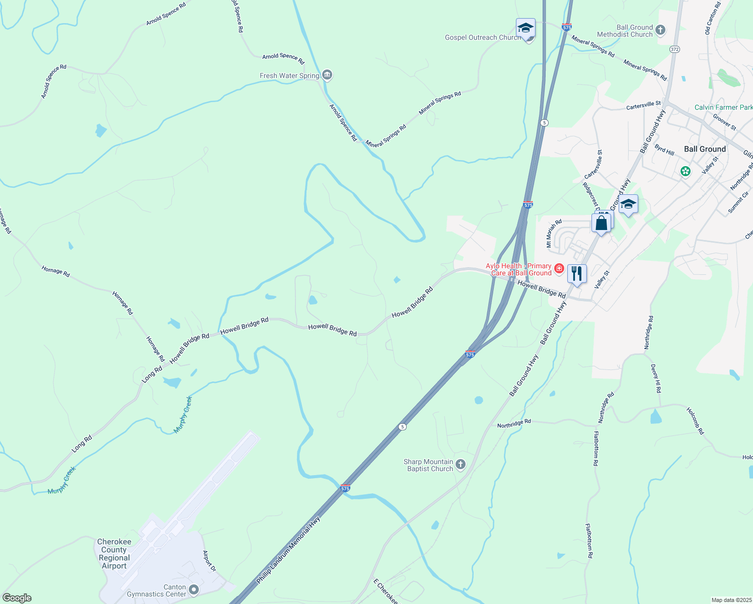 map of restaurants, bars, coffee shops, grocery stores, and more near 103 Sharp Mountain Creek in Ball Ground