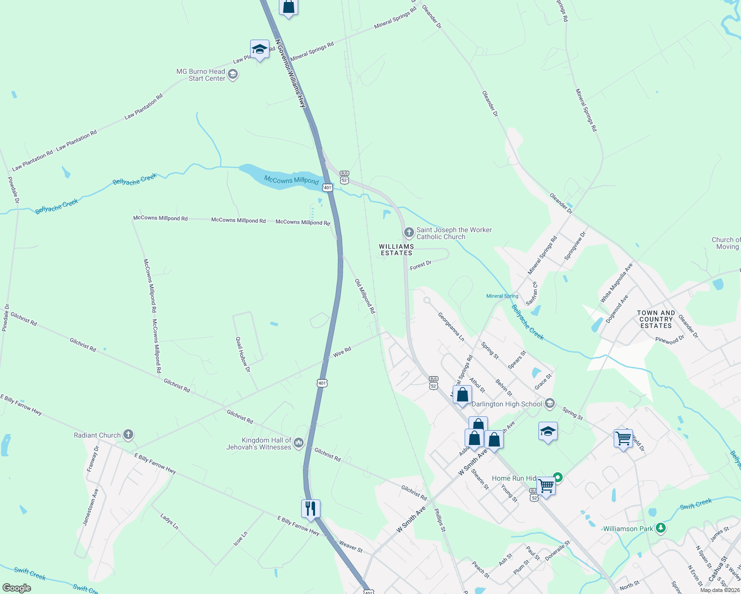 map of restaurants, bars, coffee shops, grocery stores, and more near 1213 Old Millpond Road in Darlington