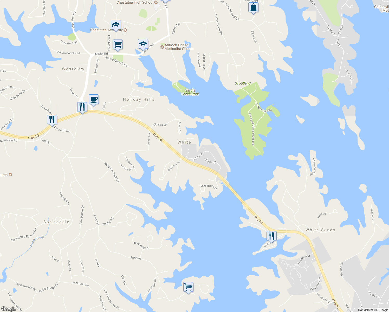 map of restaurants, bars, coffee shops, grocery stores, and more near 2206 Huntingdon Court in Gainesville