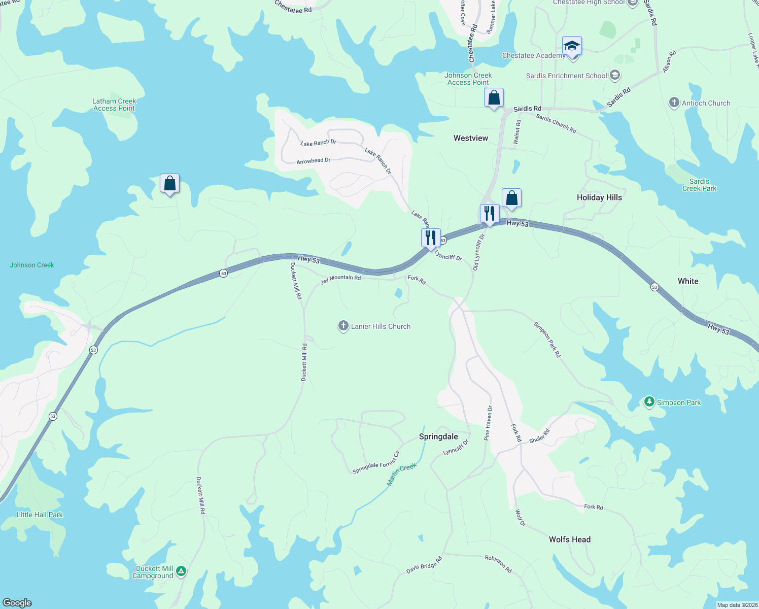 map of restaurants, bars, coffee shops, grocery stores, and more near 2937 Jay Mountain Rd in Gainesville
