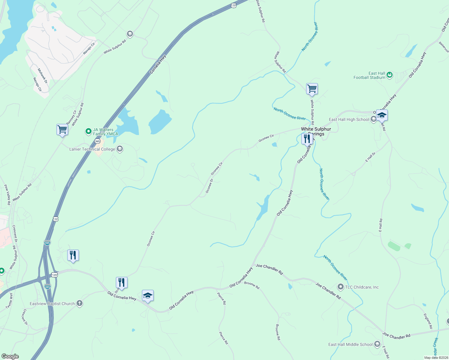 map of restaurants, bars, coffee shops, grocery stores, and more near 2762 Oconee Drive in Gainesville