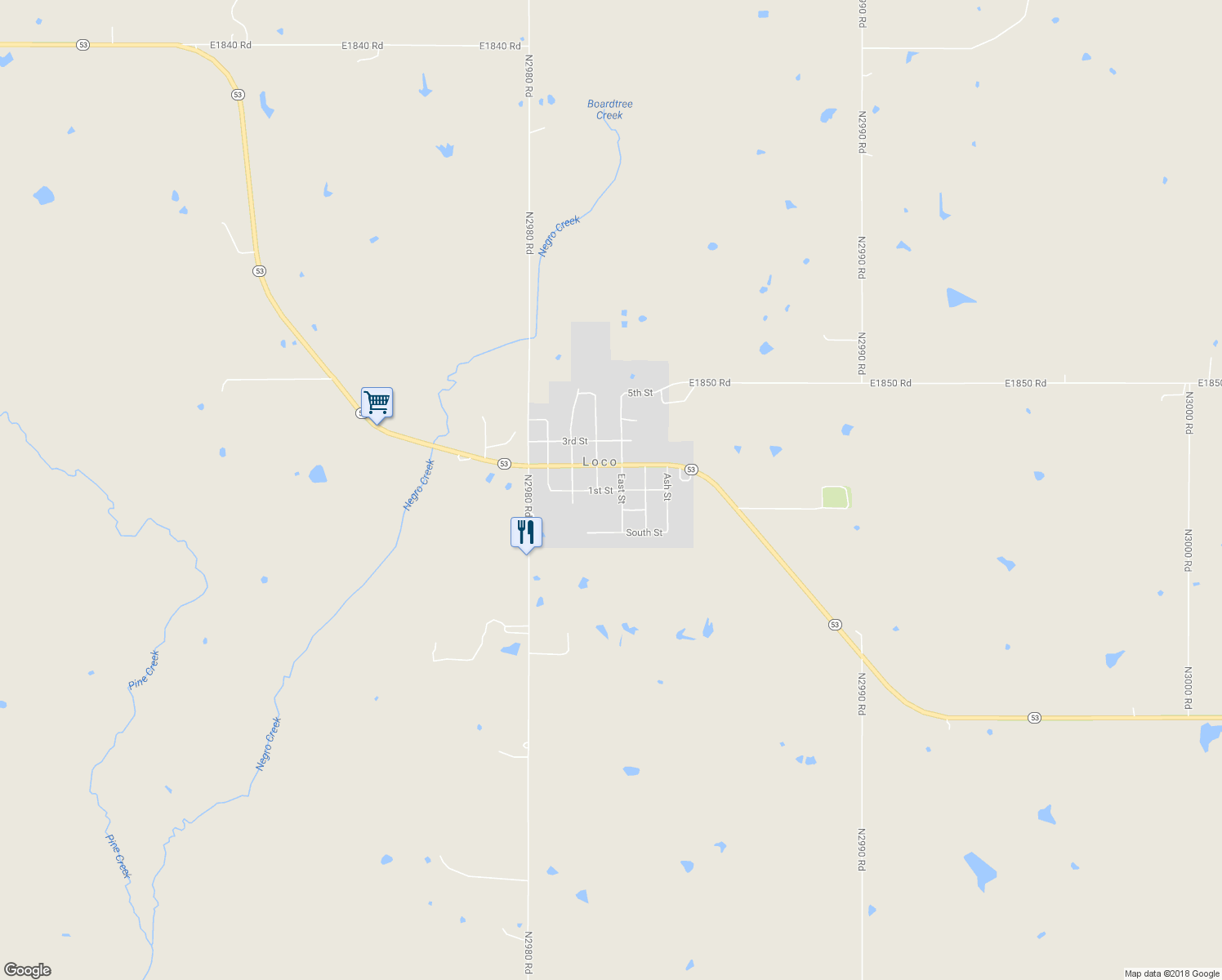 map of restaurants, bars, coffee shops, grocery stores, and more near 1st Street in Loco