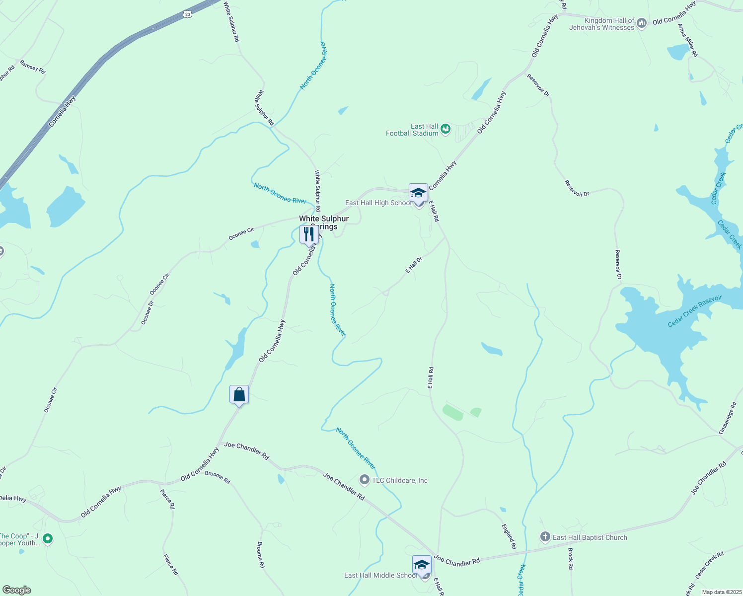map of restaurants, bars, coffee shops, grocery stores, and more near 4394 East Hall Drive in Gainesville