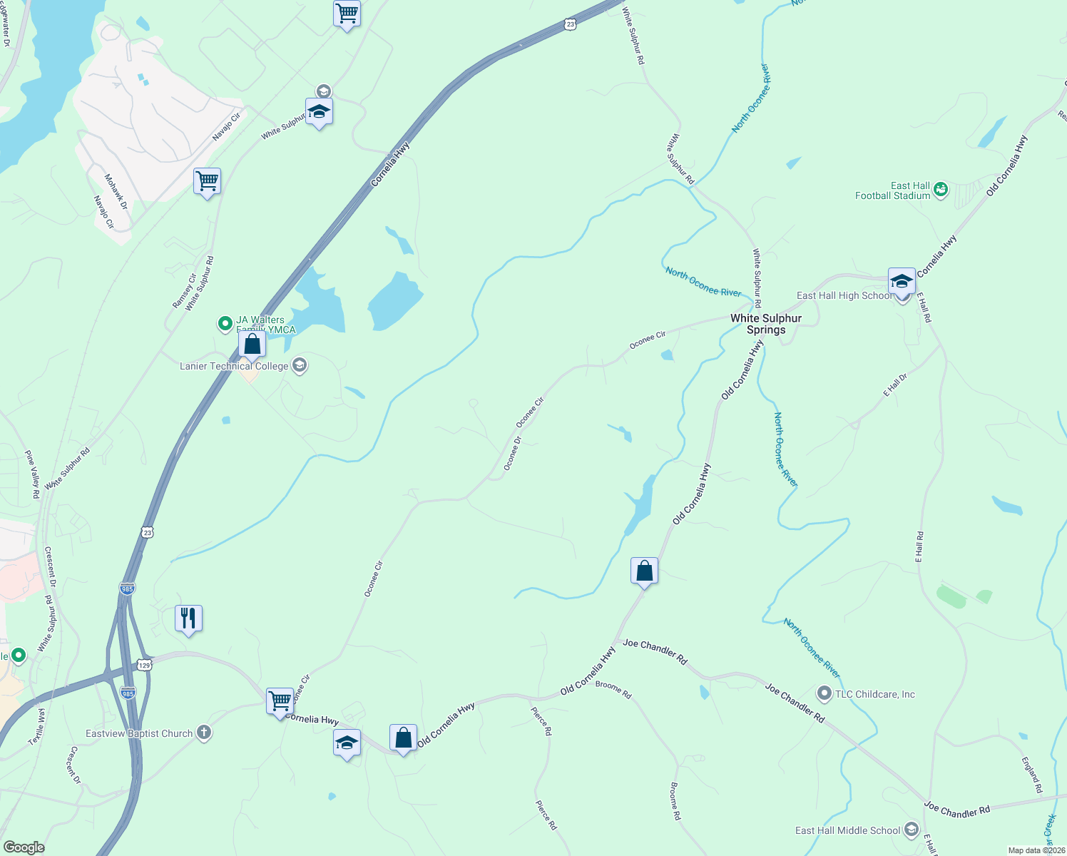map of restaurants, bars, coffee shops, grocery stores, and more near 2762 Oconee Drive in Gainesville