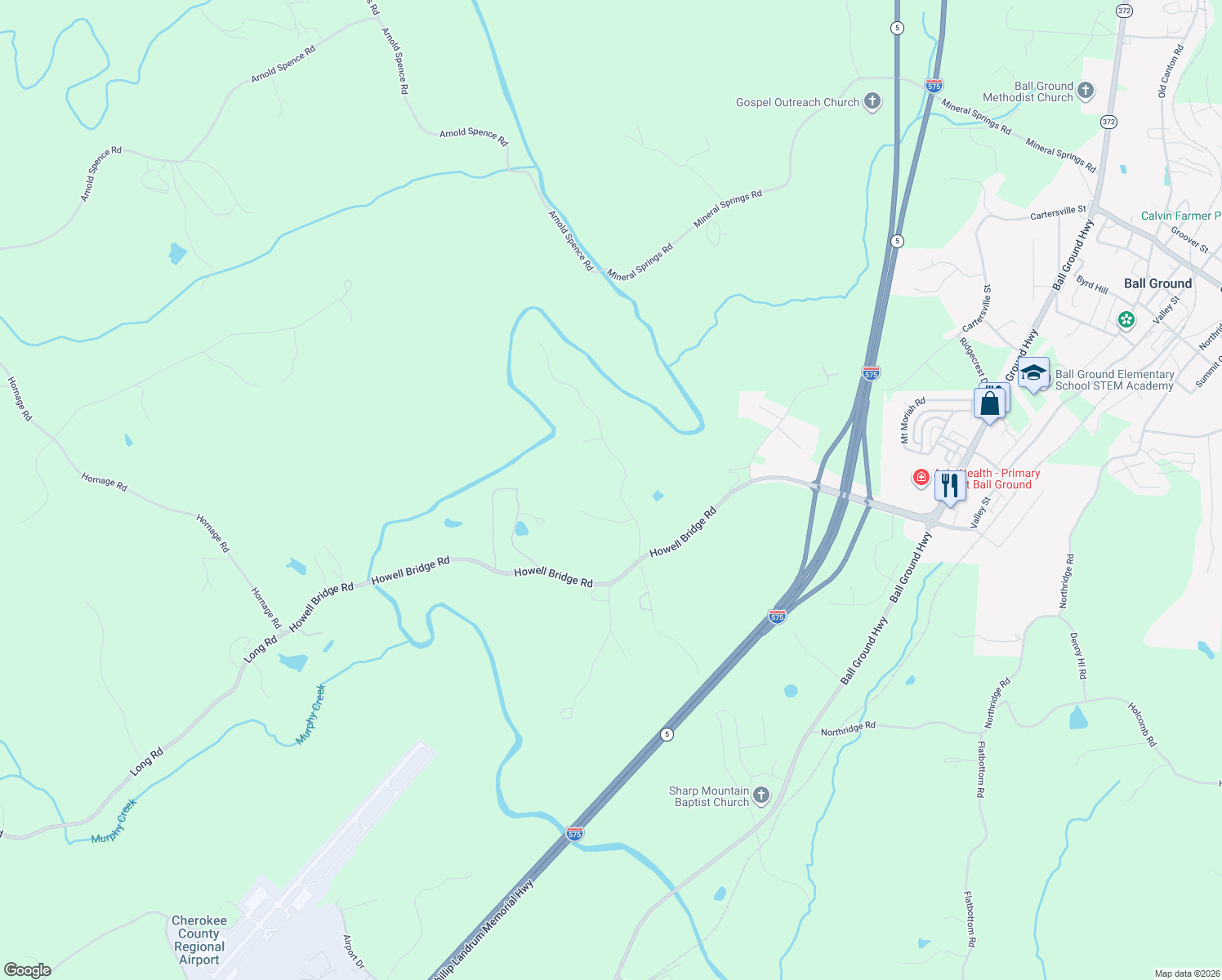 map of restaurants, bars, coffee shops, grocery stores, and more near 110 Sharp Mountain Creek in Ball Ground