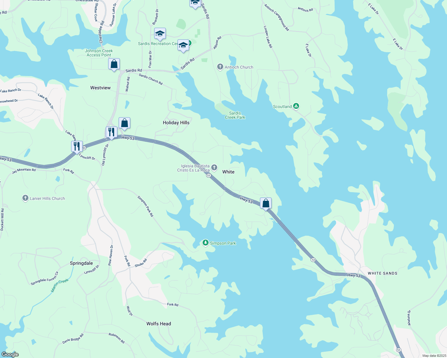 map of restaurants, bars, coffee shops, grocery stores, and more near 2317 Ford White Road in Gainesville