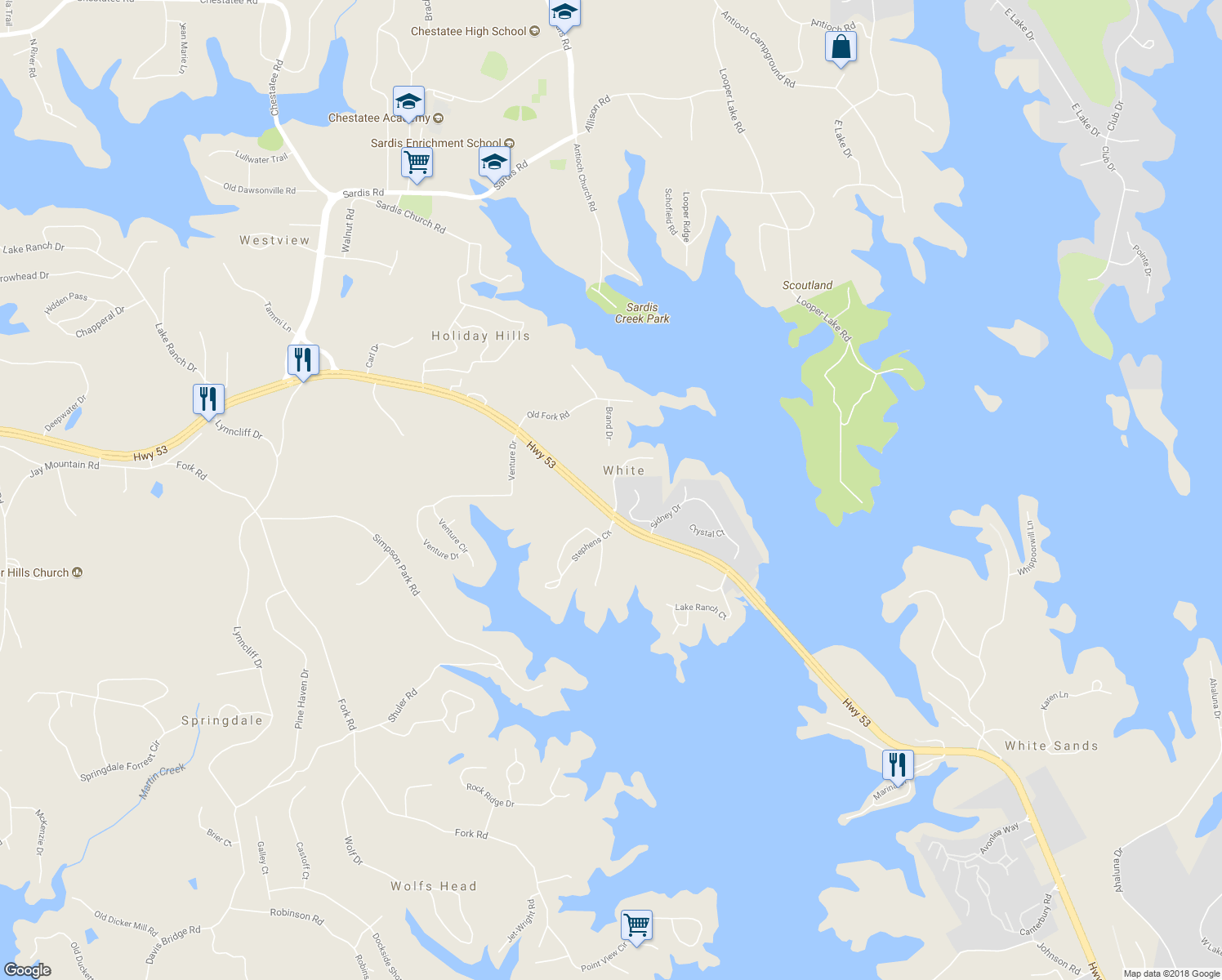 map of restaurants, bars, coffee shops, grocery stores, and more near 2317 Ford White Road in Gainesville