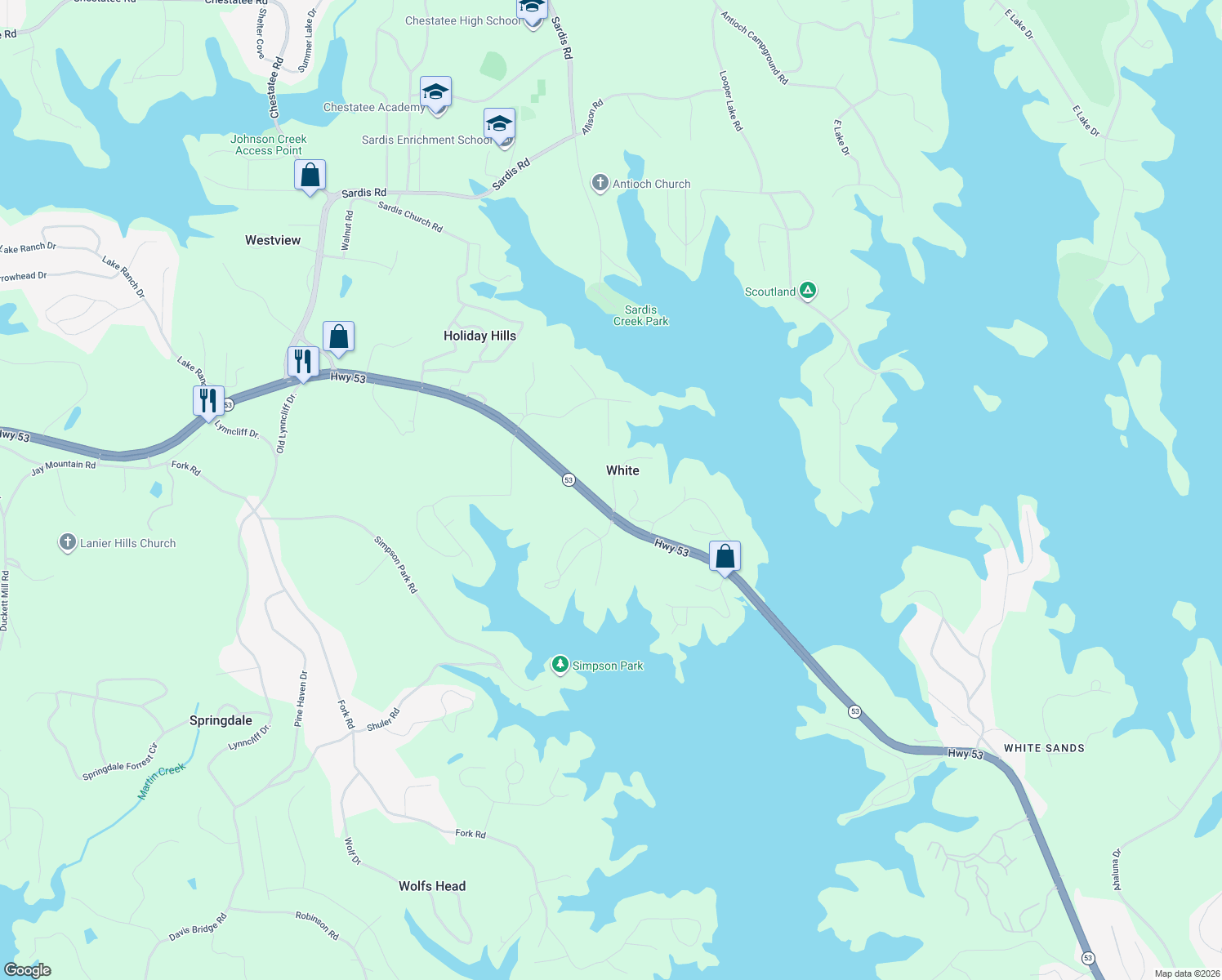 map of restaurants, bars, coffee shops, grocery stores, and more near 2317 Ford White Road in Gainesville