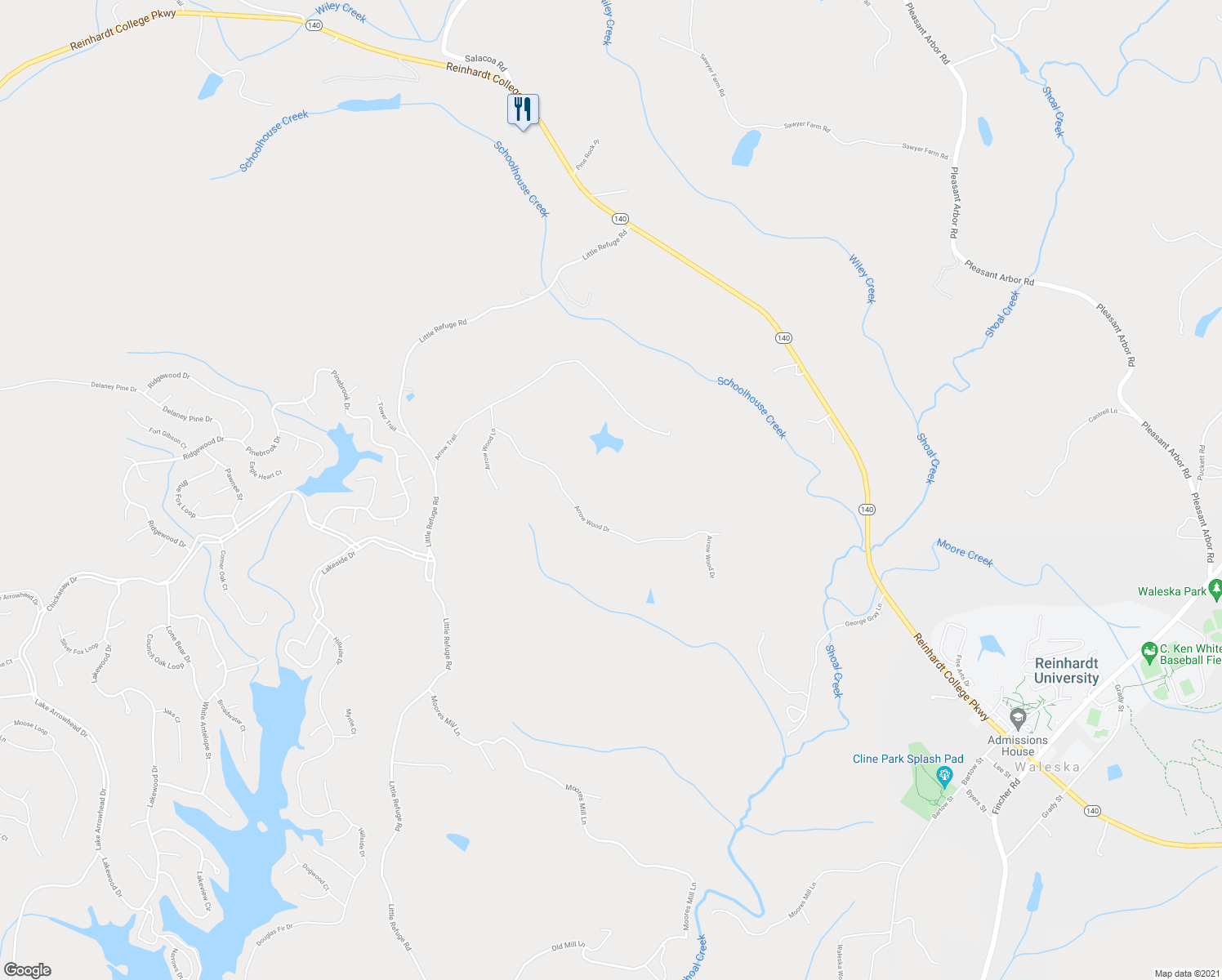 map of restaurants, bars, coffee shops, grocery stores, and more near 245 Arrow Wood Drive in Waleska