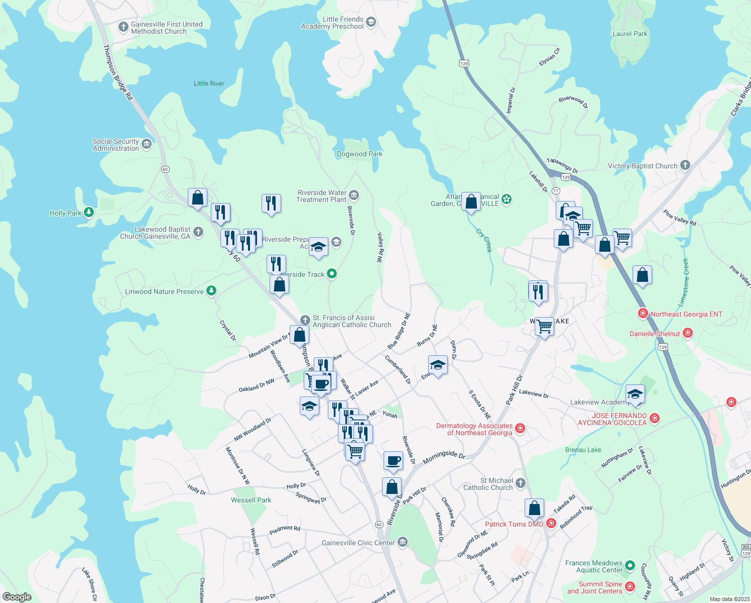 map of restaurants, bars, coffee shops, grocery stores, and more near 1685 Valley Road Northeast in Gainesville