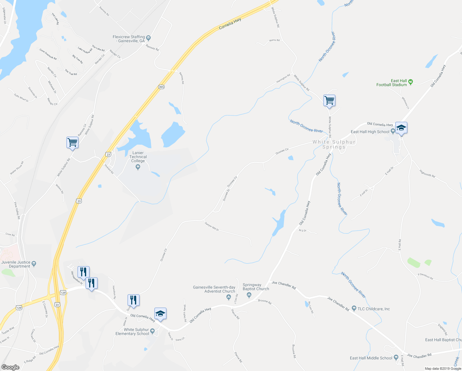 map of restaurants, bars, coffee shops, grocery stores, and more near 2764 Oconee Circle in Gainesville