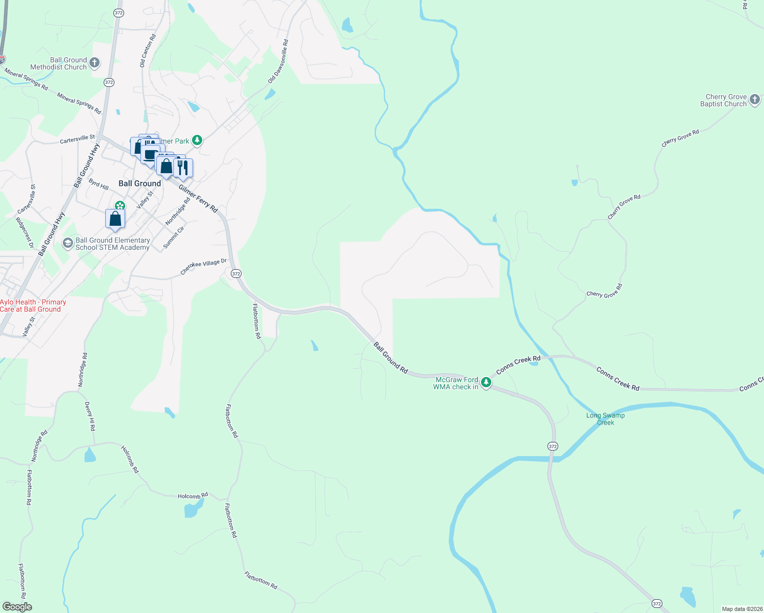 map of restaurants, bars, coffee shops, grocery stores, and more near 108 Preserve Parkway in Ball Ground