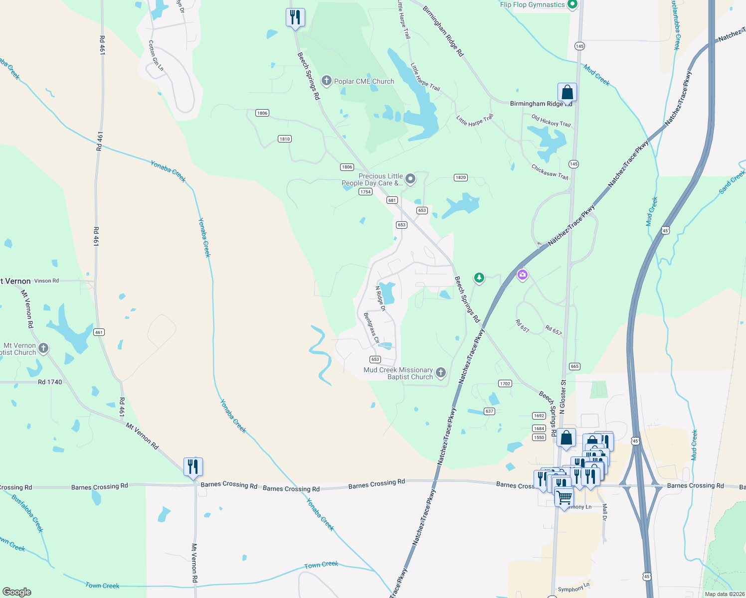 map of restaurants, bars, coffee shops, grocery stores, and more near 106 Turtle Point Cove in Saltillo