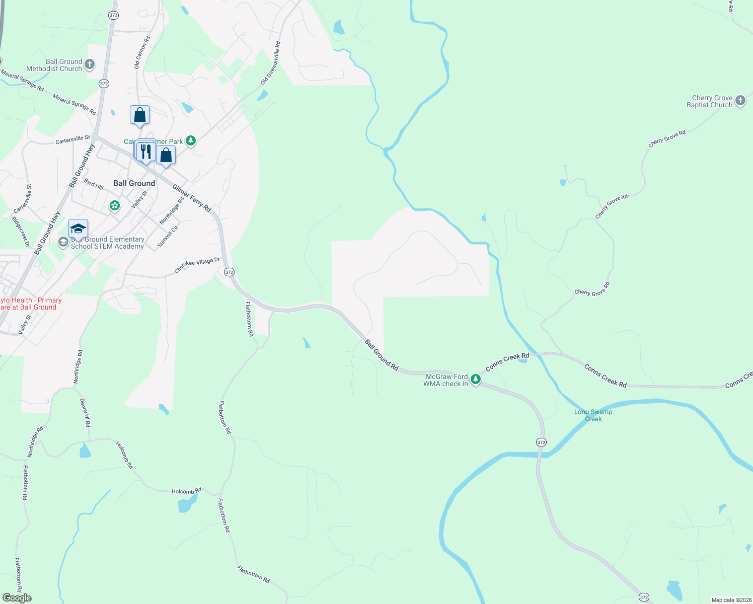 map of restaurants, bars, coffee shops, grocery stores, and more near 108 Preserve Parkway in Ball Ground
