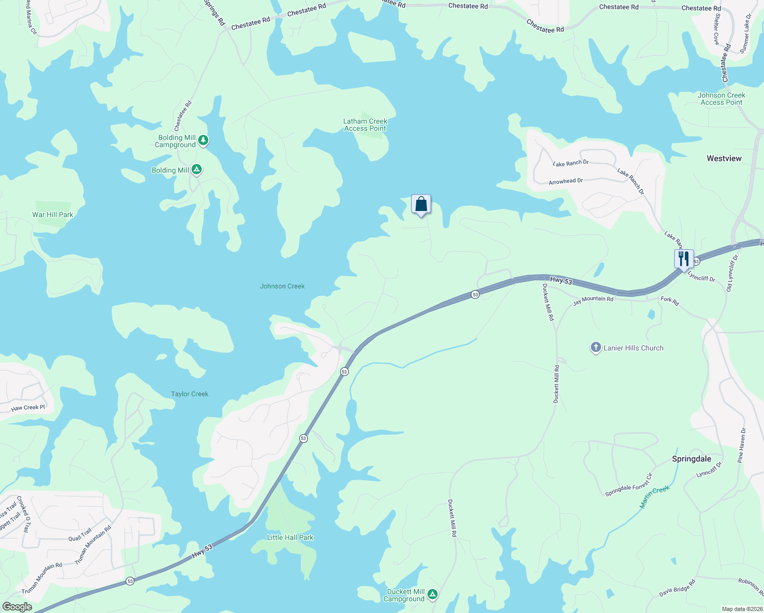 map of restaurants, bars, coffee shops, grocery stores, and more near 3552 Lake Ridge Drive in Gainesville