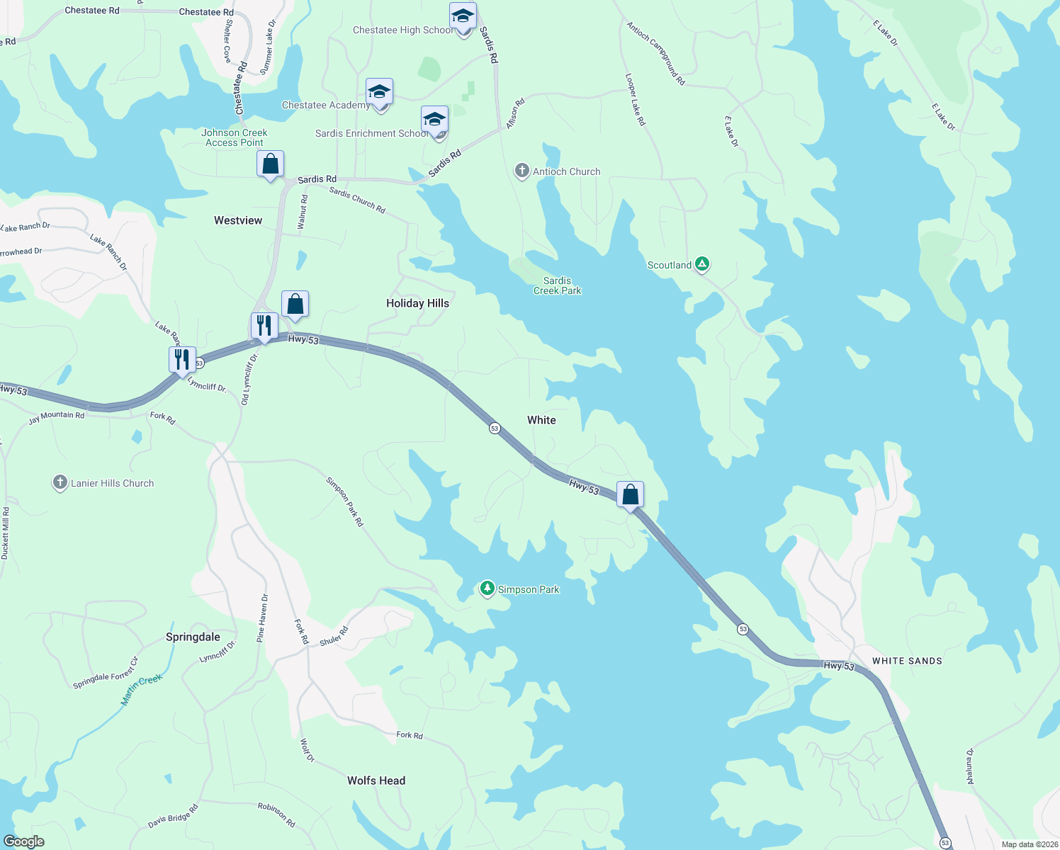 map of restaurants, bars, coffee shops, grocery stores, and more near 2329 Ford White Road in Gainesville