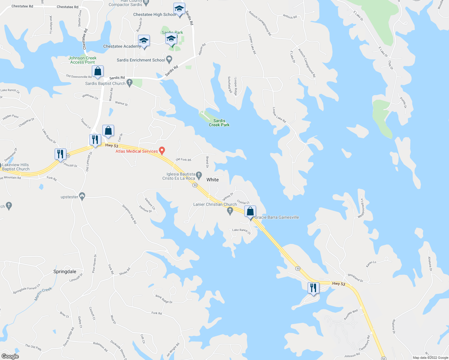 map of restaurants, bars, coffee shops, grocery stores, and more near 2392 Ford White Road in Gainesville