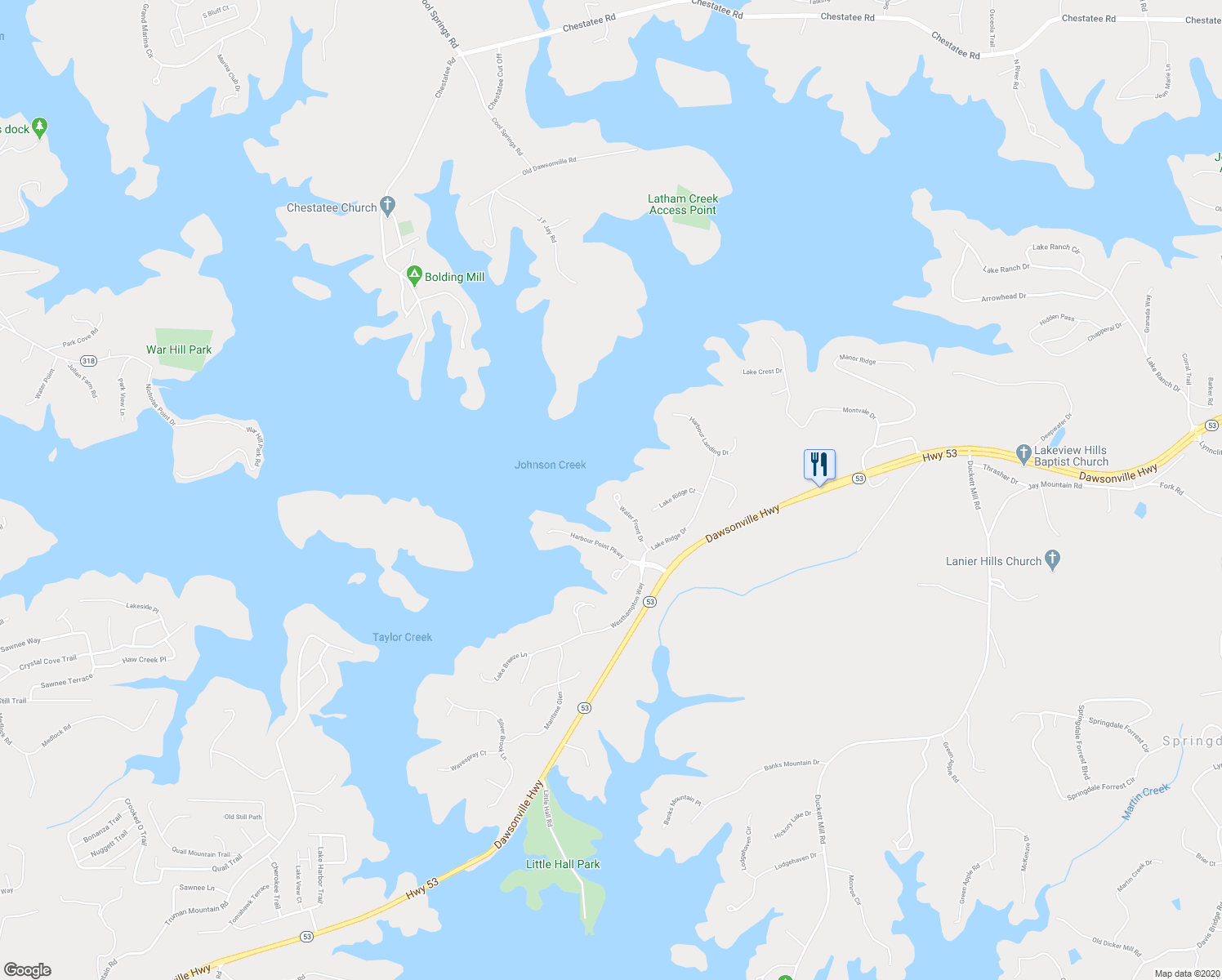 map of restaurants, bars, coffee shops, grocery stores, and more near 3597 Water Front Drive in Gainesville