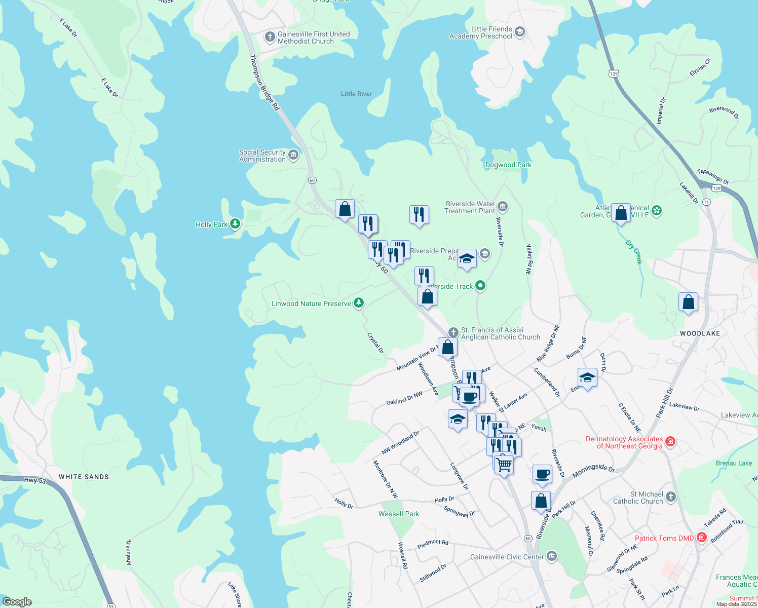 map of restaurants, bars, coffee shops, grocery stores, and more near 111 Springview Drive in Gainesville