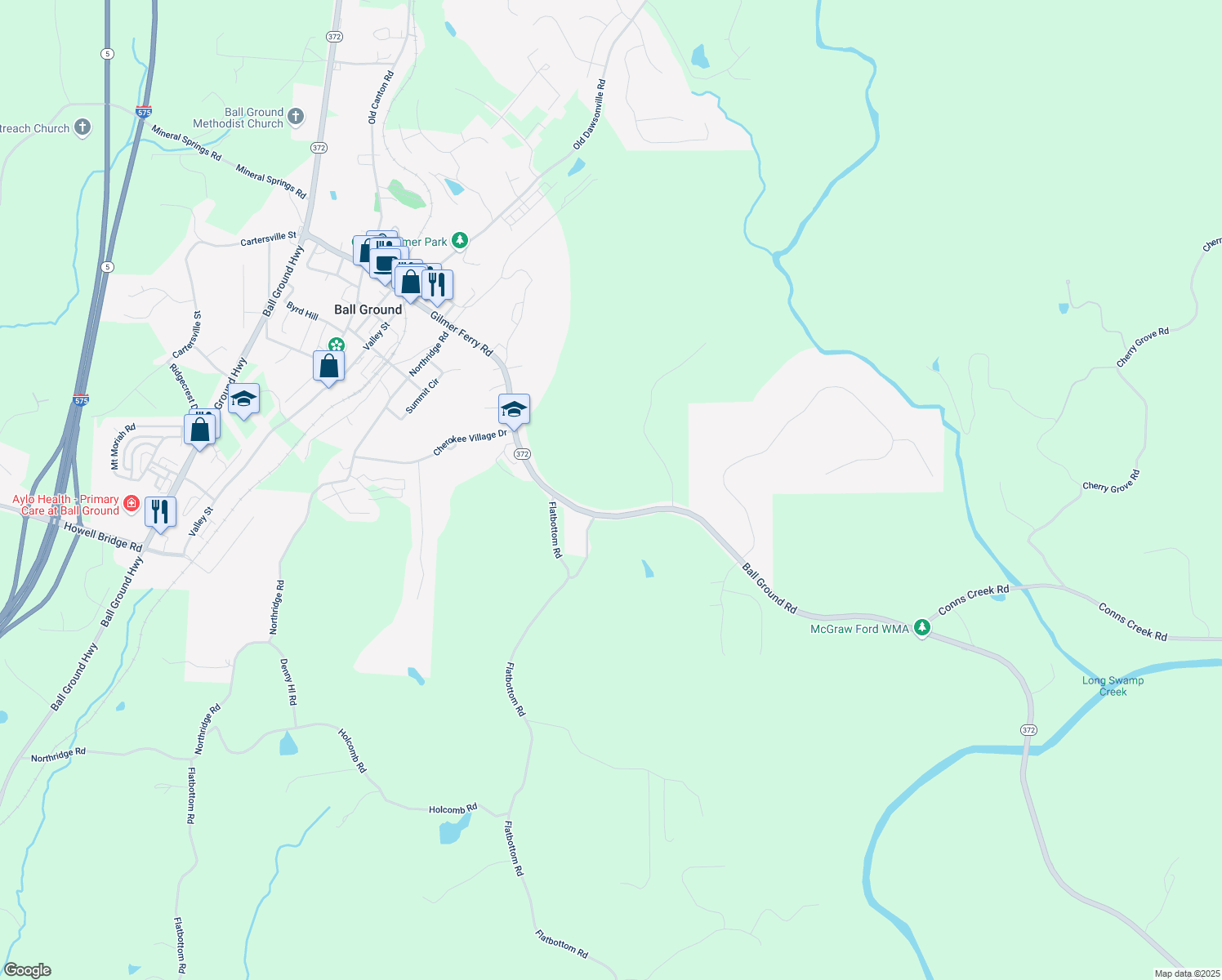 map of restaurants, bars, coffee shops, grocery stores, and more near 514 Ball Ground Road in Ball Ground