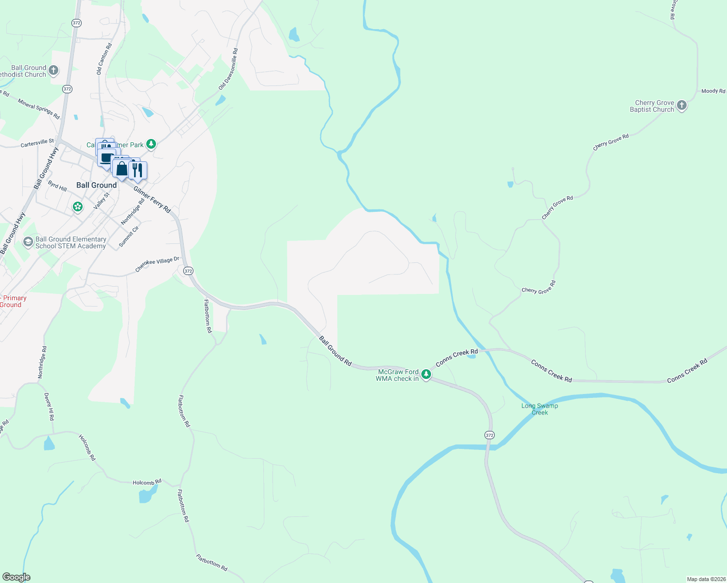map of restaurants, bars, coffee shops, grocery stores, and more near 169 Preserve Parkway in Ball Ground