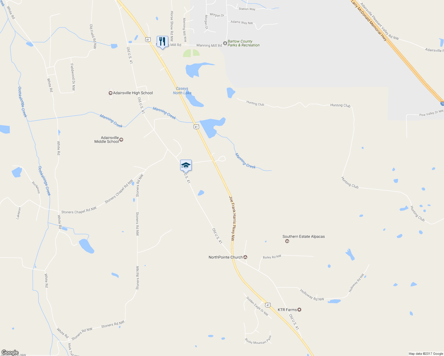 map of restaurants, bars, coffee shops, grocery stores, and more near 4397 Joe Frank Harris Parkway Northwest in Adairsville