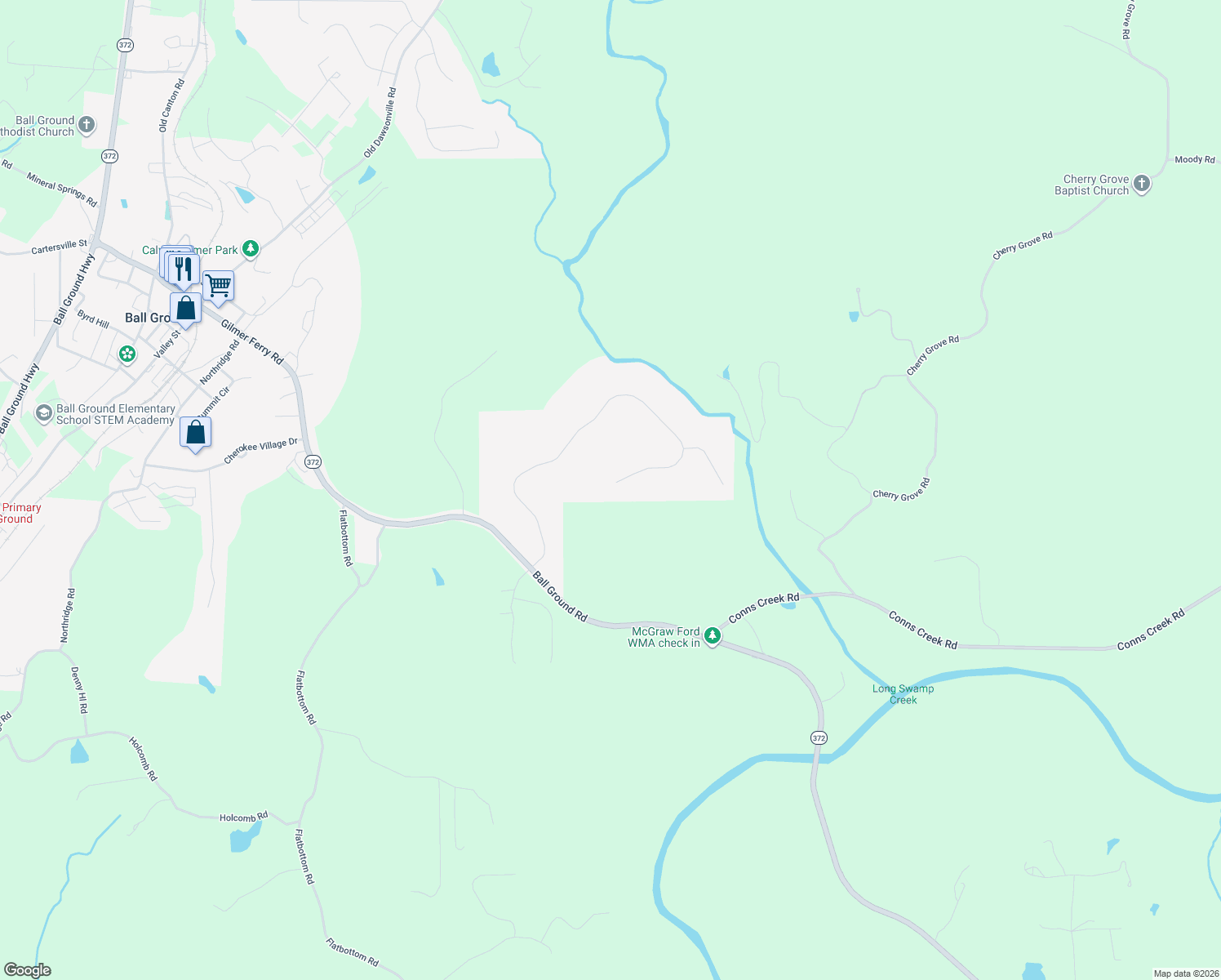 map of restaurants, bars, coffee shops, grocery stores, and more near 169 Preserve Parkway in Ball Ground