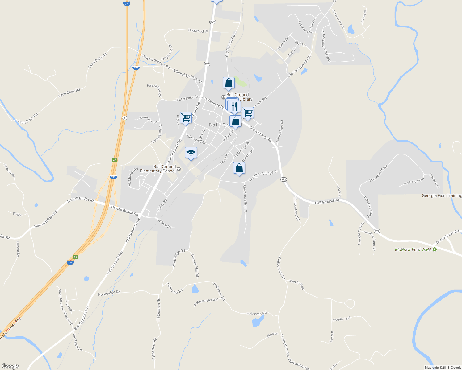 map of restaurants, bars, coffee shops, grocery stores, and more near 220 Cherokee Village Drive in Ball Ground