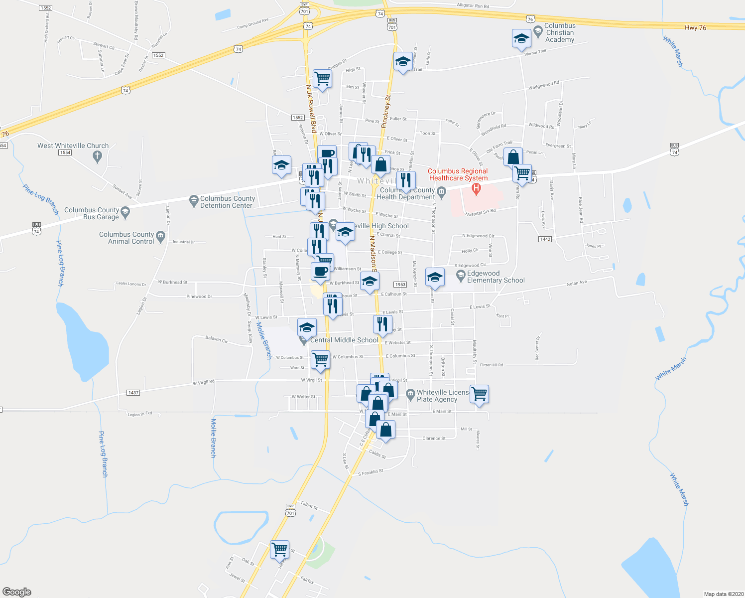 map of restaurants, bars, coffee shops, grocery stores, and more near 107 North Madison Street in Whiteville