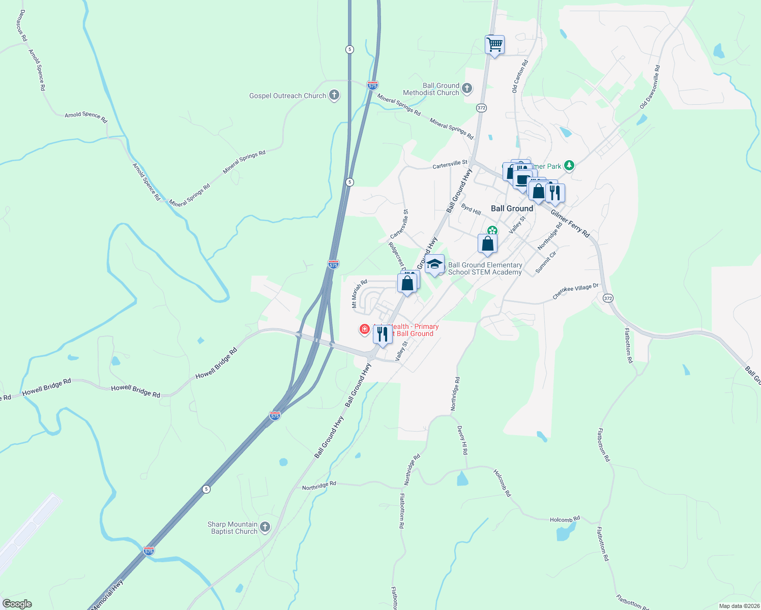 map of restaurants, bars, coffee shops, grocery stores, and more near 706 Lantern Walk Dr in Ball Ground