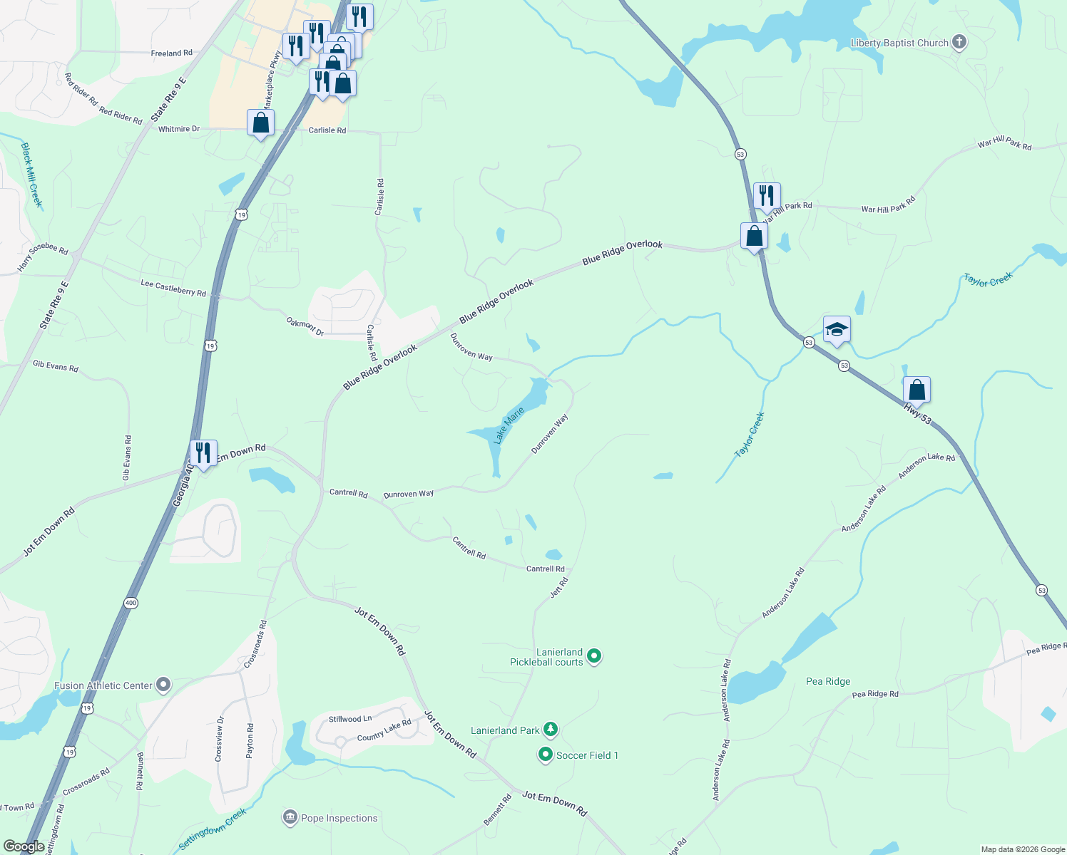 map of restaurants, bars, coffee shops, grocery stores, and more near 5565 Dunroven Way in Dawsonville
