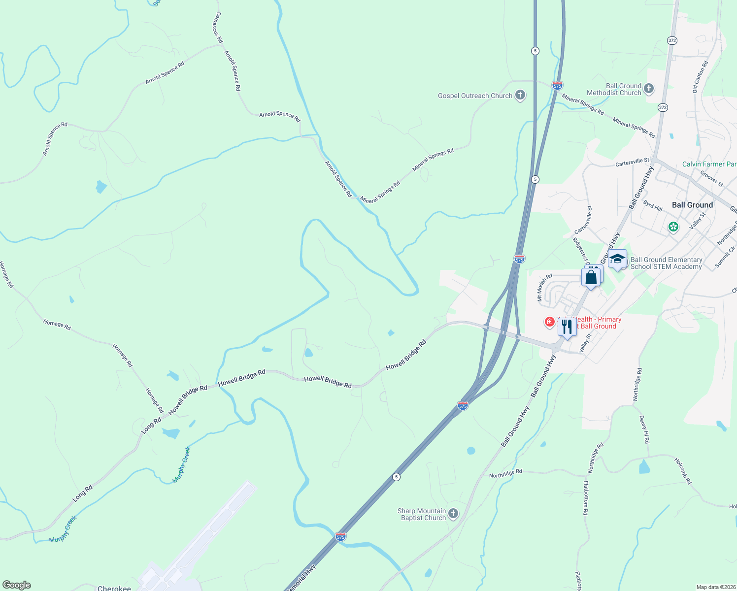 map of restaurants, bars, coffee shops, grocery stores, and more near 114 Sharp Mountain Church Rd in Ball Ground