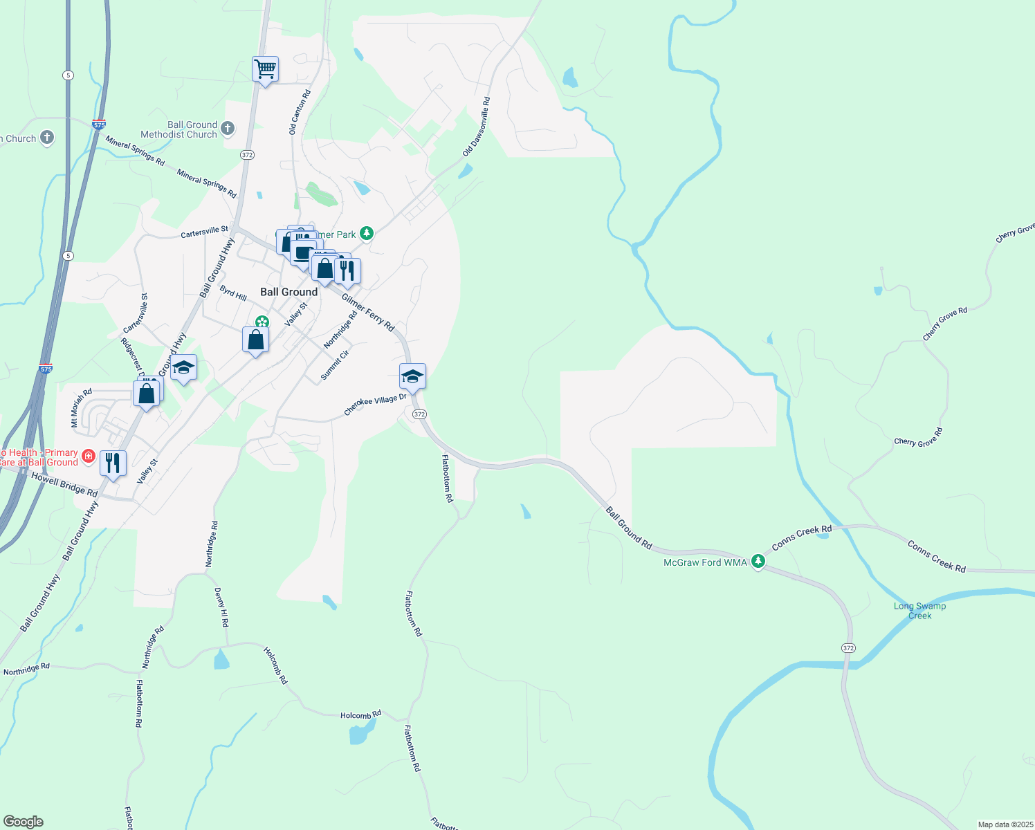 map of restaurants, bars, coffee shops, grocery stores, and more near 221 Goss Lane in Ball Ground