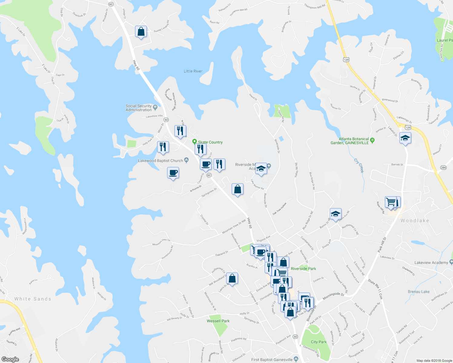 map of restaurants, bars, coffee shops, grocery stores, and more near 1858 Thompson Bridge Road in Gainesville