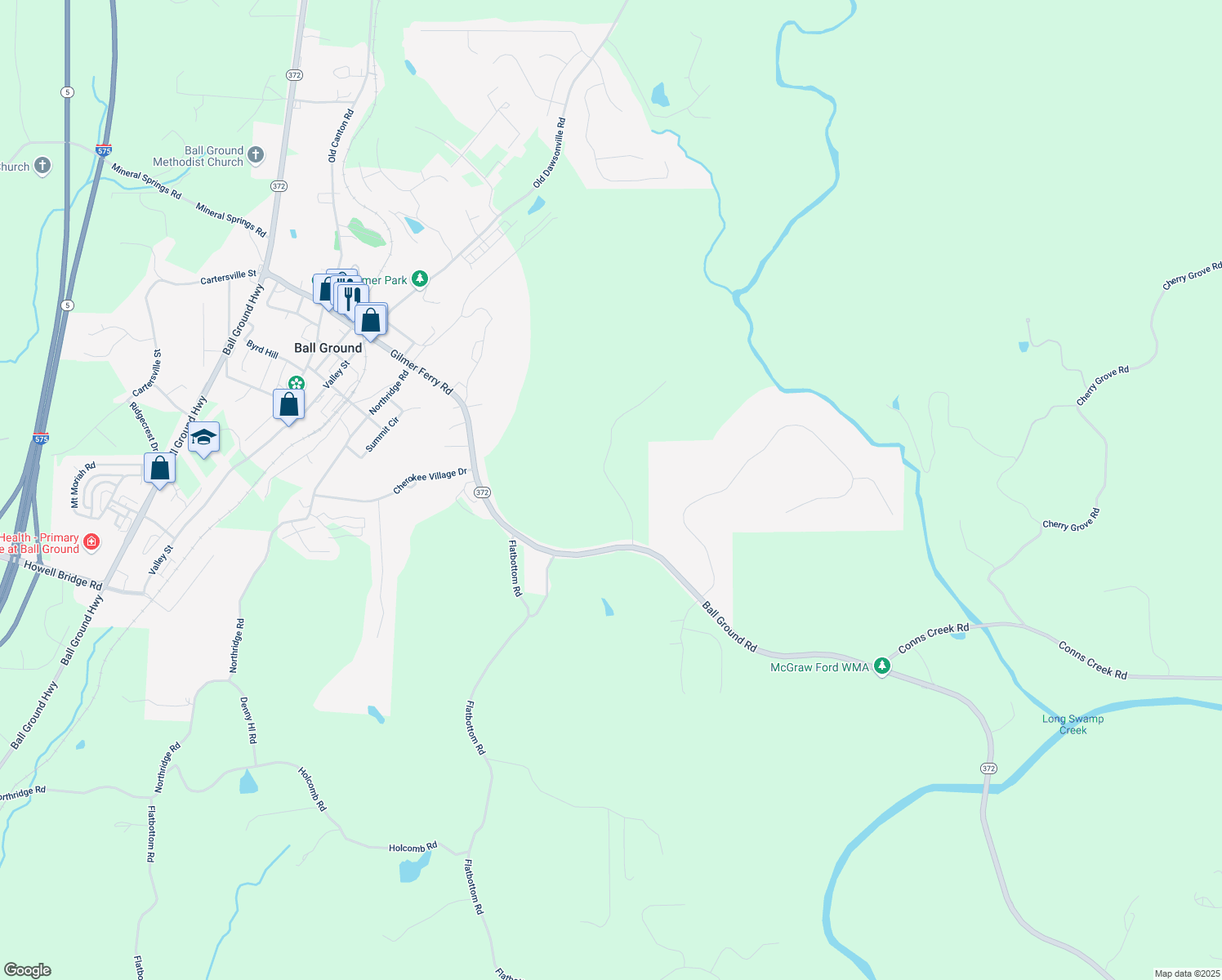 map of restaurants, bars, coffee shops, grocery stores, and more near 221 Goss Lane in Ball Ground