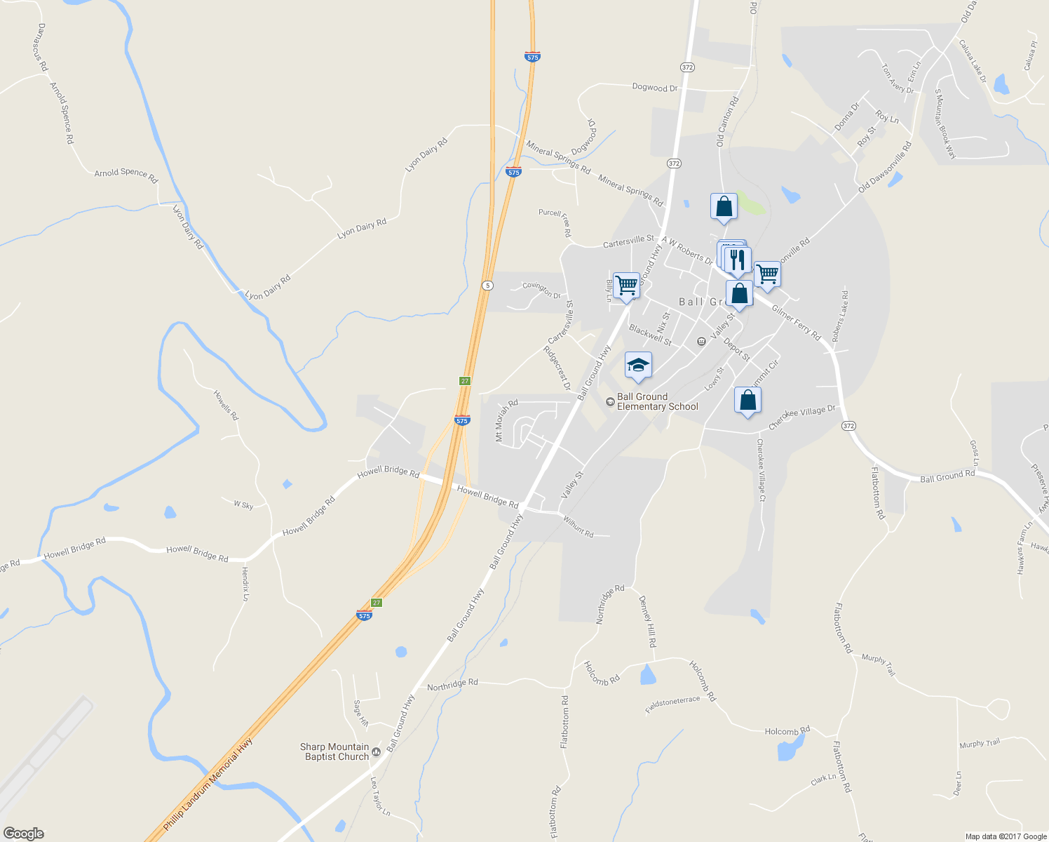 map of restaurants, bars, coffee shops, grocery stores, and more near 207 Morningstar Way in Ball Ground