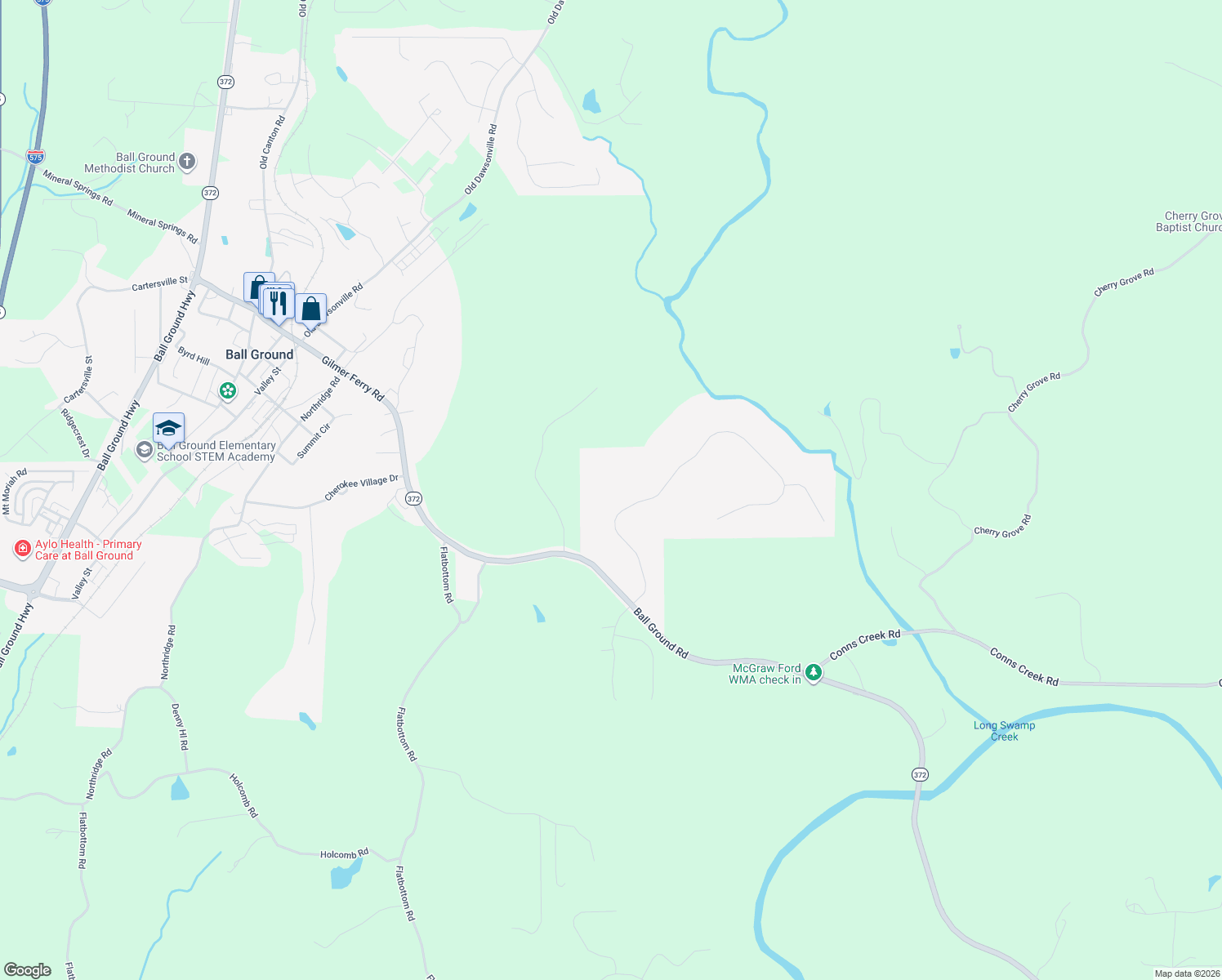 map of restaurants, bars, coffee shops, grocery stores, and more near 117 Preserve Parkway in Ball Ground