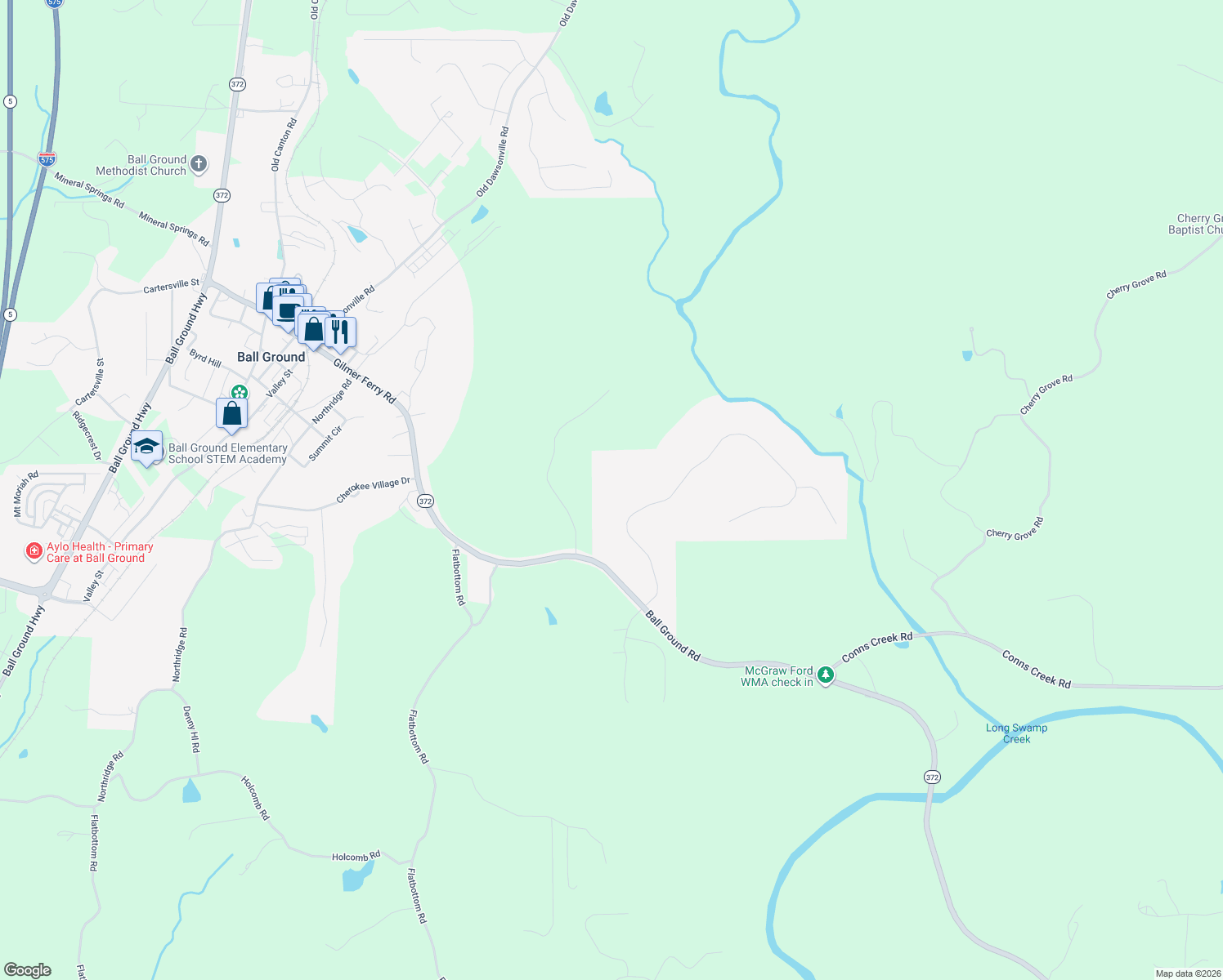 map of restaurants, bars, coffee shops, grocery stores, and more near 117 Preserve Parkway in Ball Ground