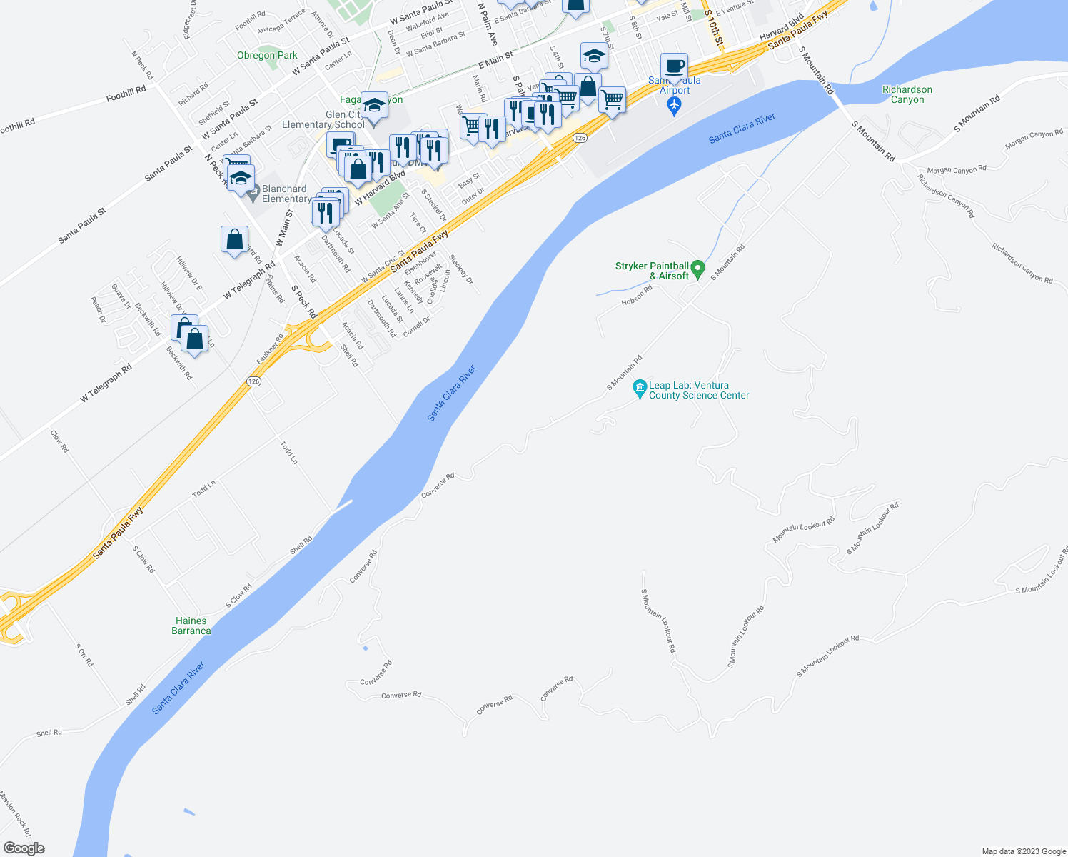 map of restaurants, bars, coffee shops, grocery stores, and more near 15900 South Mountain Road in Santa Paula