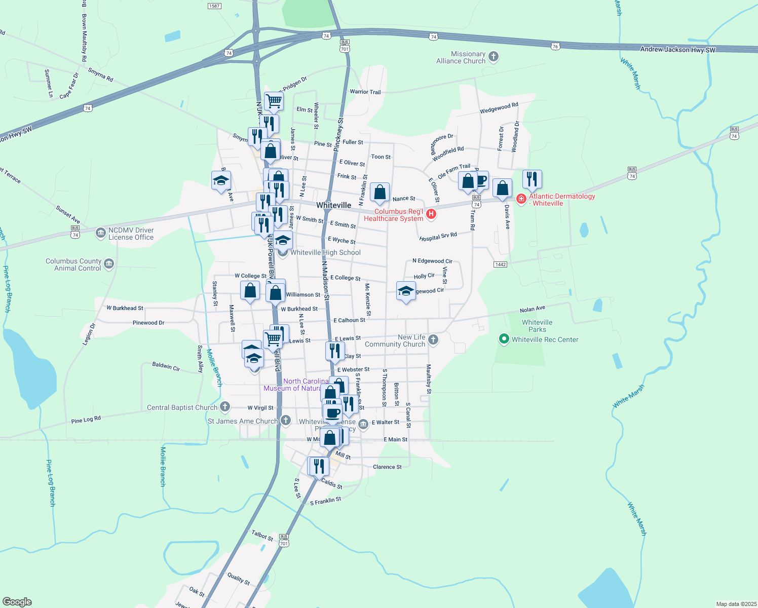 map of restaurants, bars, coffee shops, grocery stores, and more near 219 North Thompson Street in Whiteville
