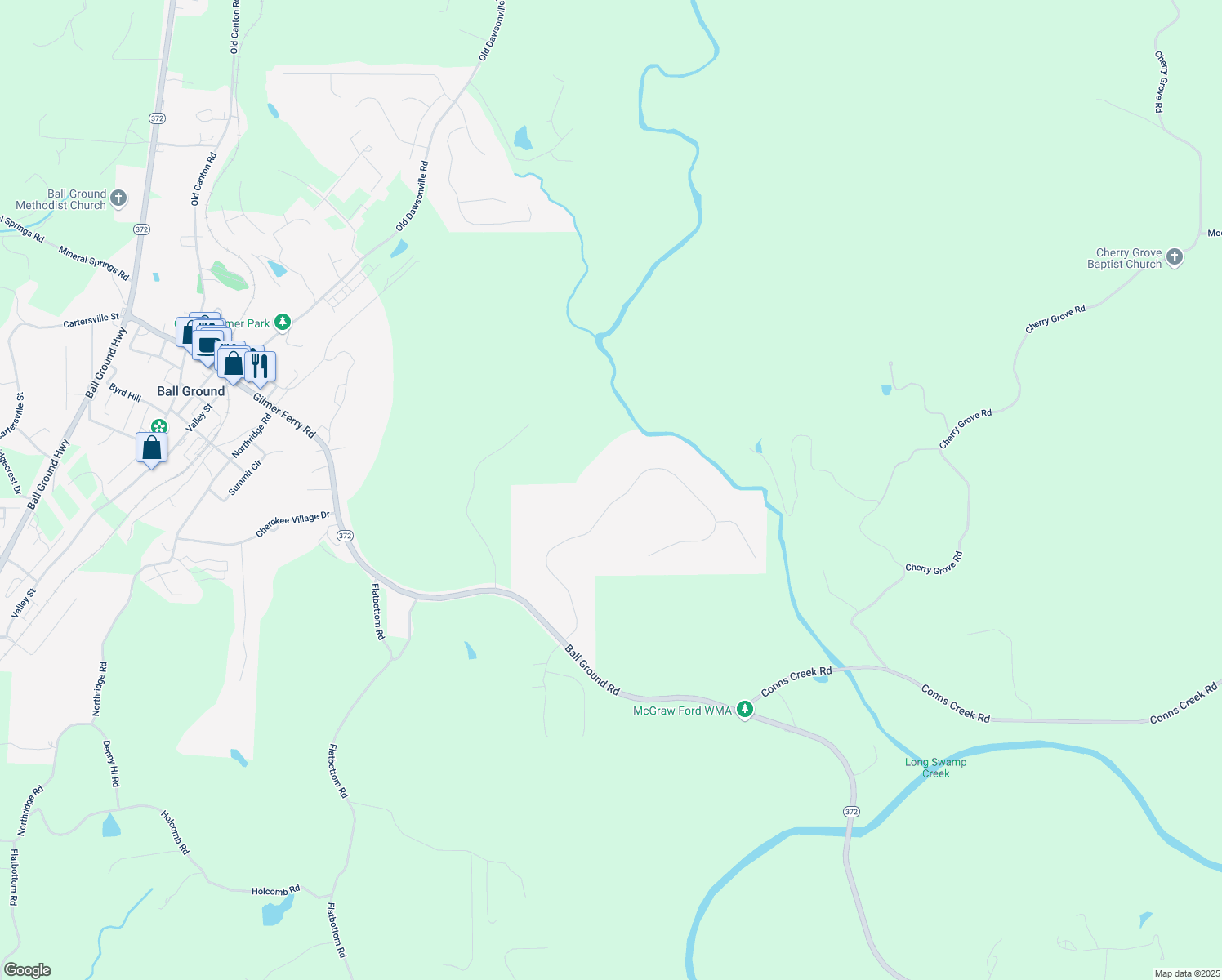 map of restaurants, bars, coffee shops, grocery stores, and more near 129 Preserve Parkway in Ball Ground
