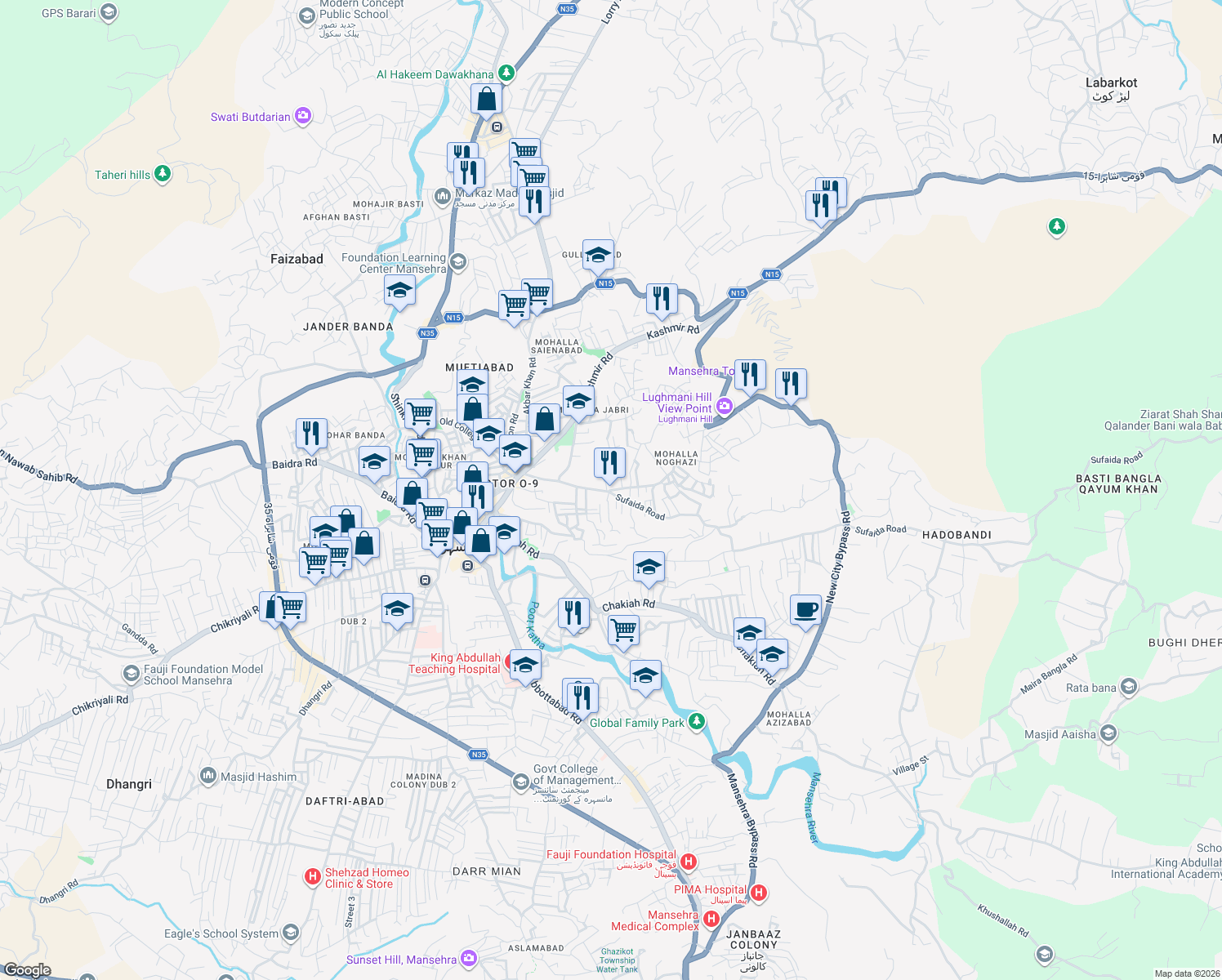 map of restaurants, bars, coffee shops, grocery stores, and more near Nogazi Road in Mansehra