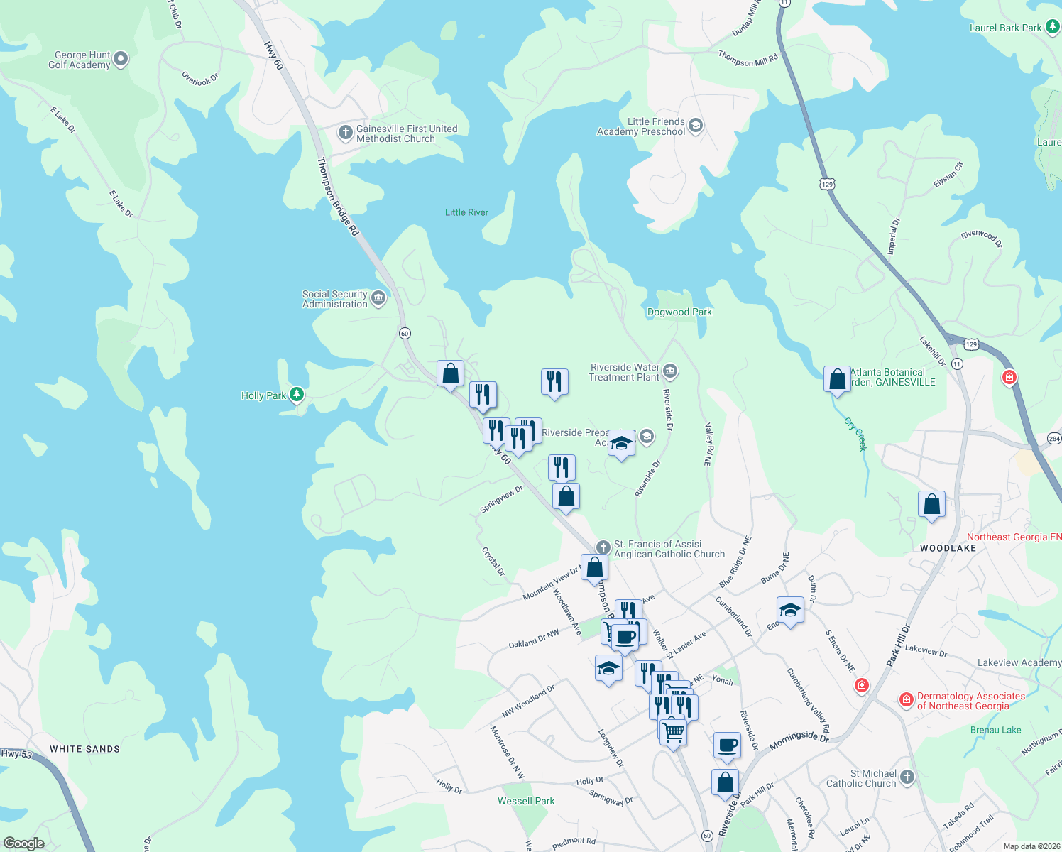 map of restaurants, bars, coffee shops, grocery stores, and more near 2329 Marbleridge Dr in Gainesville