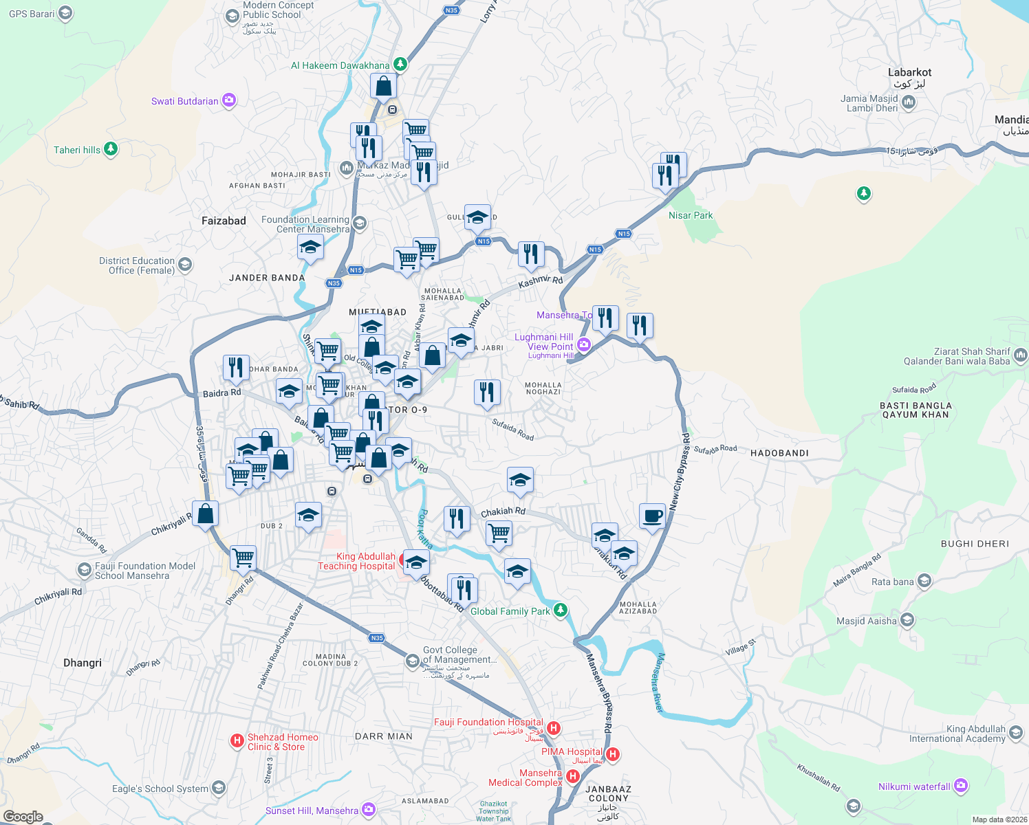 map of restaurants, bars, coffee shops, grocery stores, and more near Nogazi Road in Mansehra