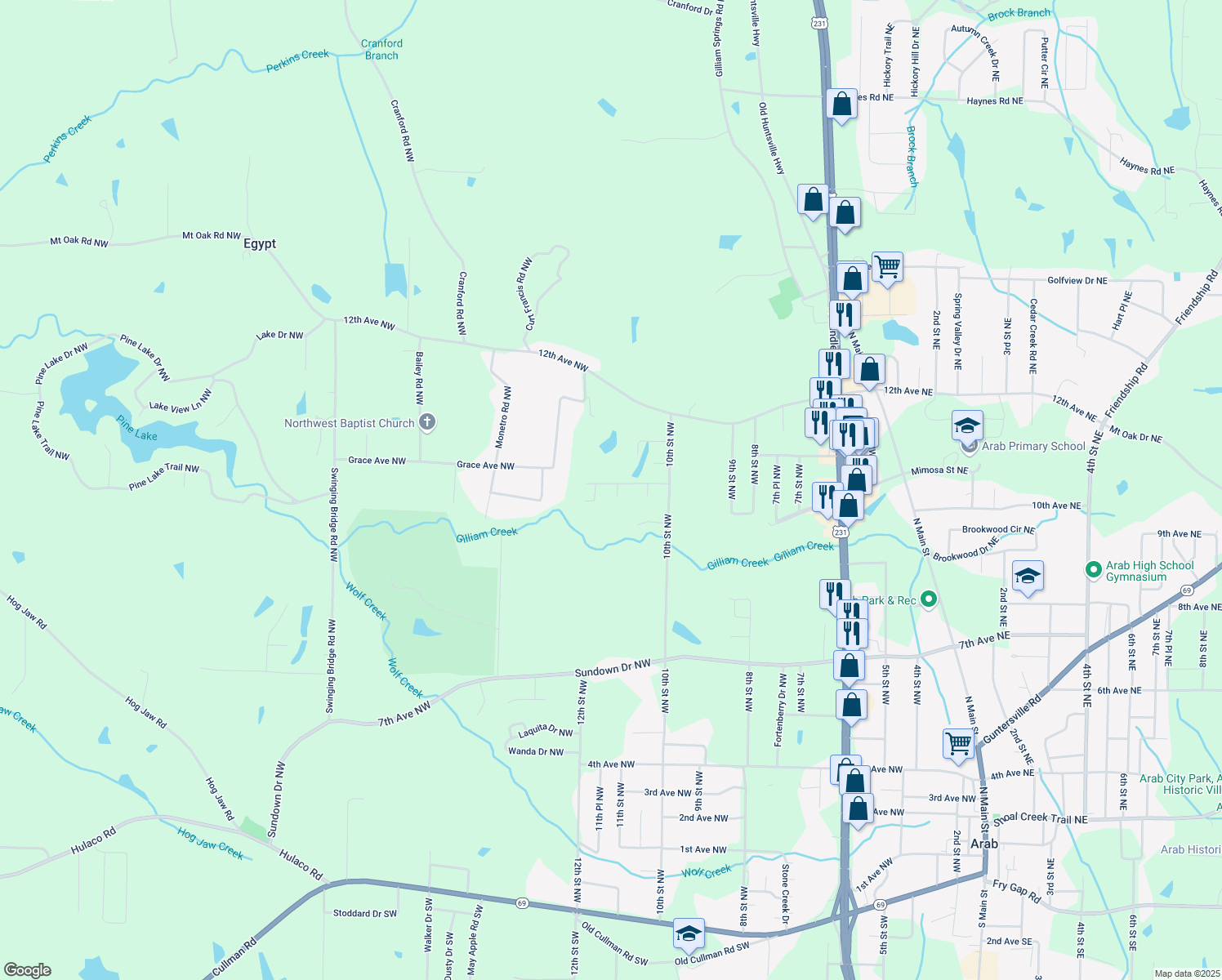 map of restaurants, bars, coffee shops, grocery stores, and more near 1001 Huntington Cir NW in Arab